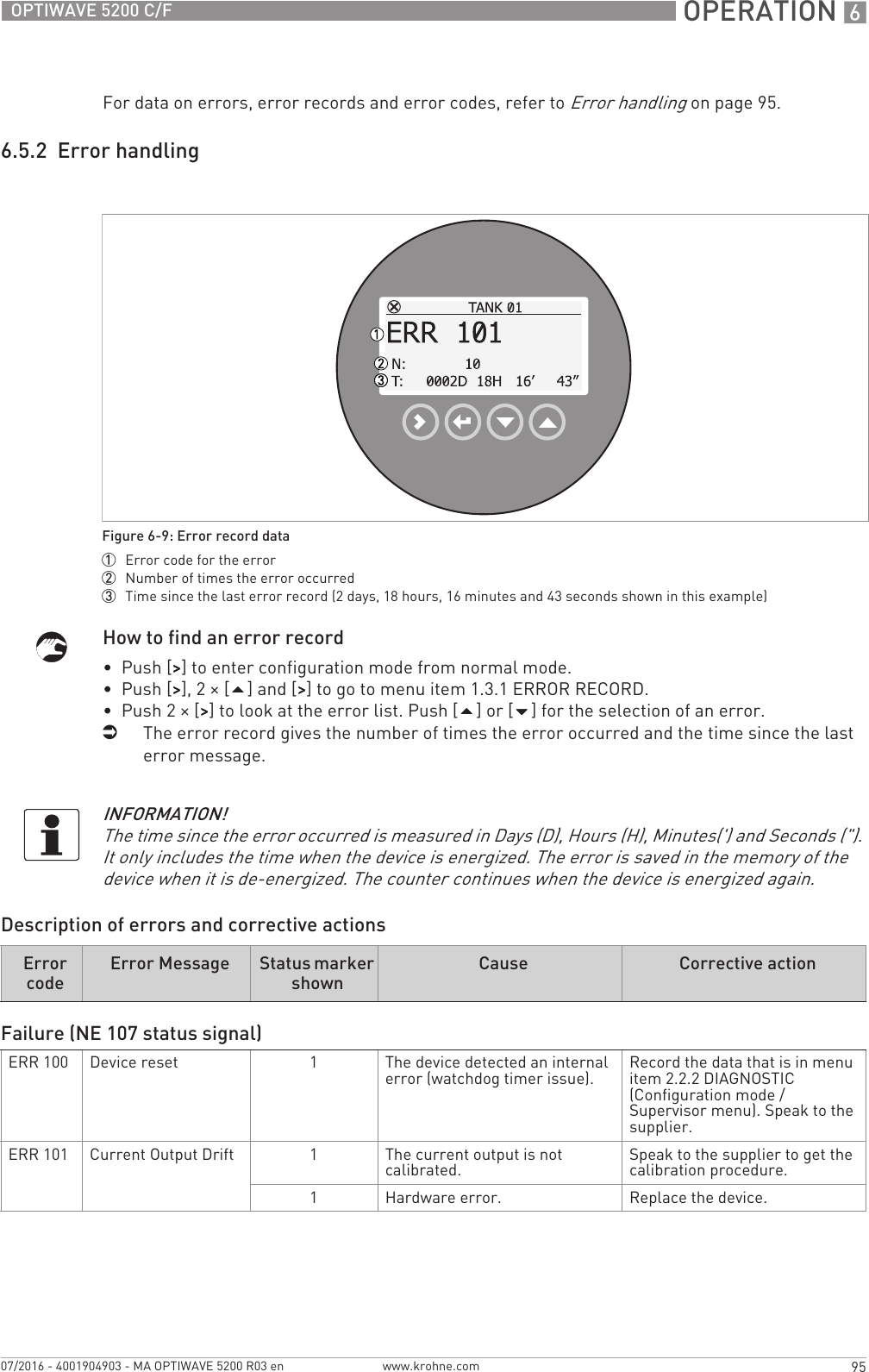  OPERATION 695OPTIWAVE 5200 C/Fwww.krohne.com07/2016 - 4001904903 - MA OPTIWAVE 5200 R03 enFor data on errors, error records and error codes, refer to Error handling on page 95.6.5.2  Error handlingHow to find an error record•  Push [&gt;&gt;&gt;&gt;] to enter configuration mode from normal mode.•  Push [&gt;&gt;&gt;&gt;], 2 × [] and [&gt;&gt;&gt;&gt;] to go to menu item 1.3.1 ERROR RECORD.•  Push 2 × [&gt;&gt;&gt;&gt;] to look at the error list. Push [] or [] for the selection of an error.iThe error record gives the number of times the error occurred and the time since the last error message.Description of errors and corrective actionsFigure 6-9: Error record data1  Error code for the error2  Number of times the error occurred3  Time since the last error record (2 days, 18 hours, 16 minutes and 43 seconds shown in this example)INFORMATION!The time since the error occurred is measured in Days (D), Hours (H), Minutes(&apos;) and Seconds (&quot;). It only includes the time when the device is energized. The error is saved in the memory of the device when it is de-energized. The counter continues when the device is energized again.Error codeError Message Status marker shownCause Corrective actionFailure (NE 107 status signal)ERR 100 Device reset 1The device detected an internal error (watchdog timer issue). Record the data that is in menu item 2.2.2 DIAGNOSTIC (Configuration mode / Supervisor menu). Speak to the supplier.ERR 101 Current Output Drift 1The current output is not calibrated. Speak to the supplier to get the calibration procedure.1Hardware error. Replace the device.