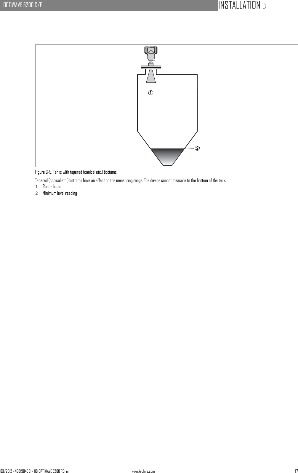 03/2012 - 4001904901 - HB OPTIWAVE 5200 R01 en www.krohne.com 17   OPTIWAVE 5200 C/F   INSTALLATION 3                                   Figure 3-9: Tanks with tapered (conical etc.) bottoms Tapered (conical etc.) bottoms have an effect on the measuring range. The device cannot measure to the bottom of the tank. 1  Radar beam 2  Minimum level reading 