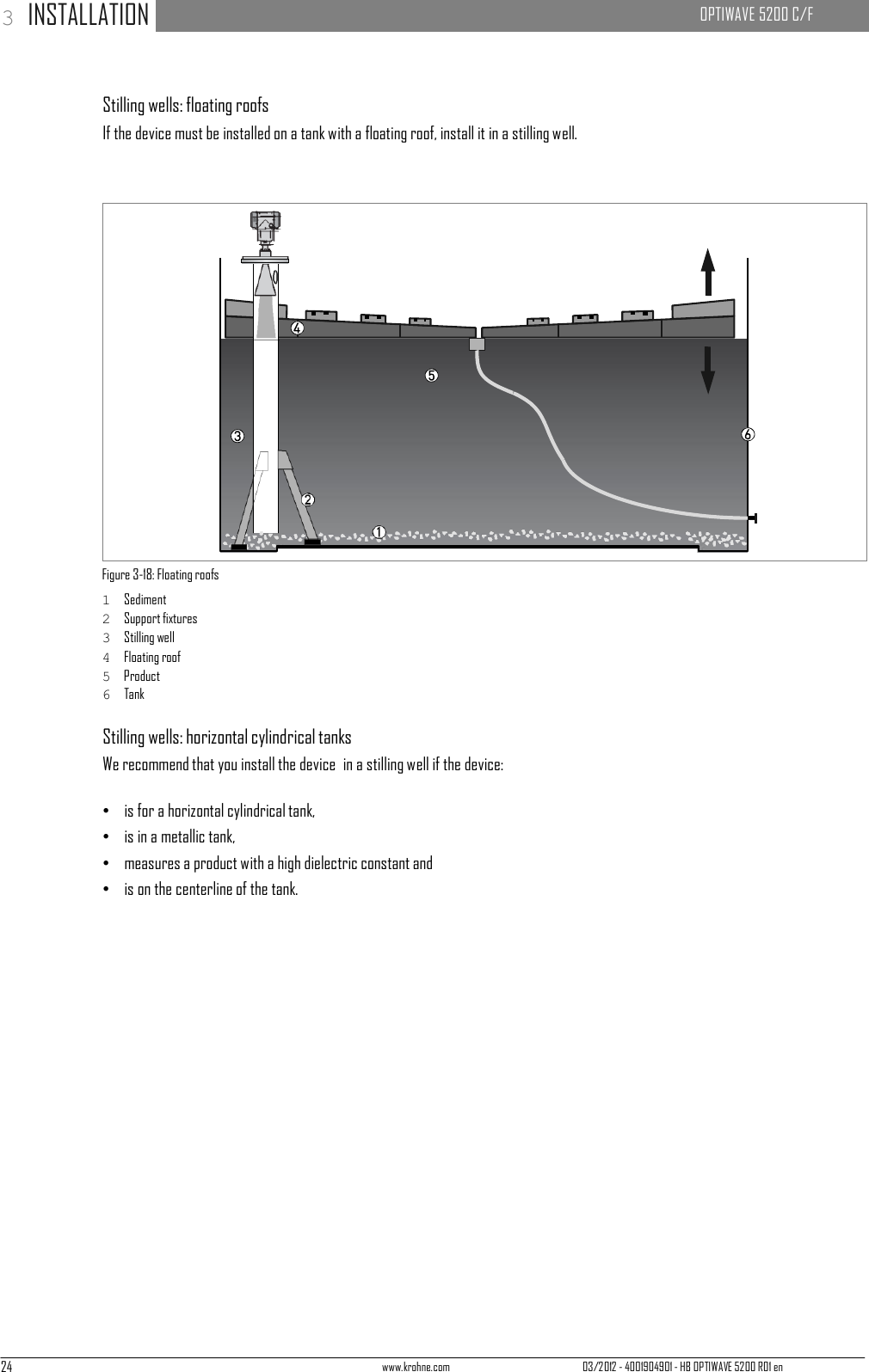 24 www.krohne.com 03/2012 - 4001904901 - HB OPTIWAVE 5200 R01 en 3 INSTALLATION   OPTIWAVE 5200 C/F                Stilling wells: floating roofs If the device must be installed on a tank with a floating roof, install it in a stilling well.                         Figure 3-18: Floating roofs 1  Sediment 2  Support fixtures 3  Stilling well 4  Floating roof 5  Product 6  Tank  Stilling wells: horizontal cylindrical tanks We recommend that you install the device  in a stilling well if the device:  •   is for a horizontal cylindrical tank, •   is in a metallic tank, •   measures a product with a high dielectric constant and •   is on the centerline of the tank. 