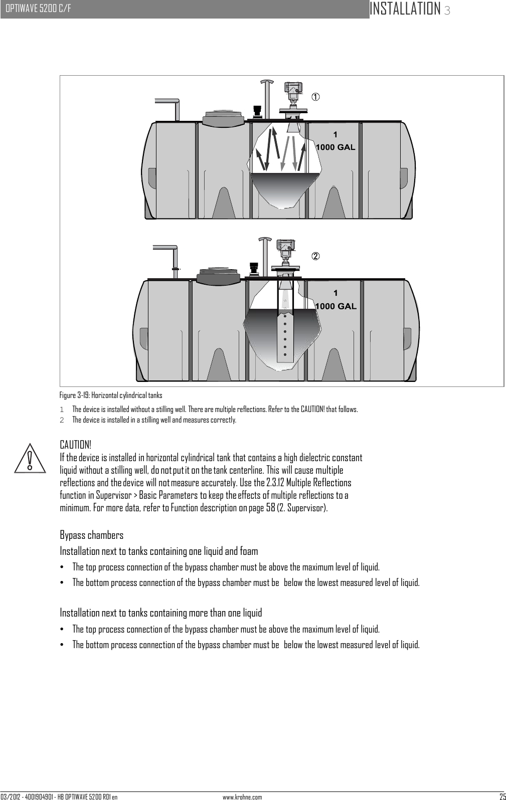 03/2012 - 4001904901 - HB OPTIWAVE 5200 R01 en www.krohne.com 25   OPTIWAVE 5200 C/F   INSTALLATION 3                                                                                             Figure 3-19: Horizontal cylindrical tanks 1  The device is installed without a stilling well. There are multiple reflections. Refer to the CAUTION! that follows. 2  The device is installed in a stilling well and measures correctly.  CAUTION! If the device is installed in horizontal cylindrical tank that contains a high dielectric constant liquid without a stilling well, do not put it on the tank centerline. This will cause multiple reflections and the device will not measure accurately. Use the 2.3.12 Multiple Reflections function in Supervisor &gt; Basic Parameters to keep the effects of multiple reflections to a minimum. For more data, refer to Function description on page 58 (2. Supervisor).  Bypass chambers Installation next to tanks containing one liquid and foam •   The top process connection of the bypass chamber must be above the maximum level of liquid. •   The bottom process connection of the bypass chamber must be  below the lowest measured level of liquid.   Installation next to tanks containing more than one liquid •   The top process connection of the bypass chamber must be above the maximum level of liquid. •   The bottom process connection of the bypass chamber must be  below the lowest measured level of liquid. 