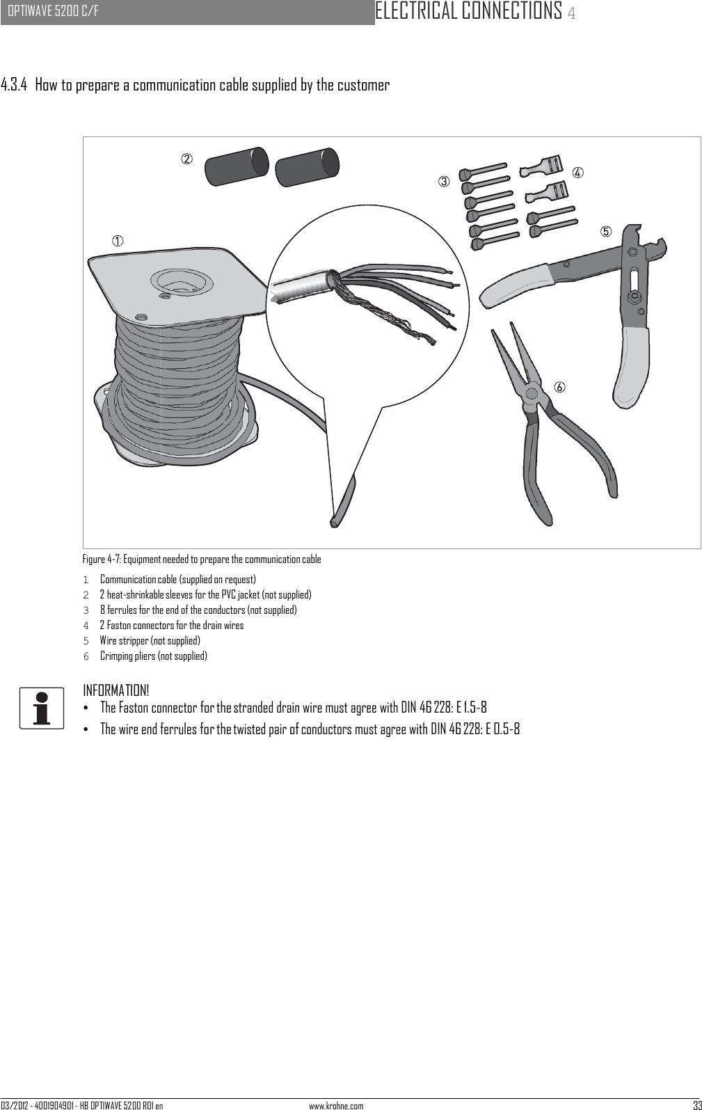 03/2012 - 4001904901 - HB OPTIWAVE 5200 R01 en www.krohne.com 33   OPTIWAVE 5200 C/F   ELECTRICAL CONNECTIONS 4                        4.3.4  How to prepare a communication cable supplied by the customer                                 Figure 4-7: Equipment needed to prepare the communication cable 1  Communication cable (supplied on request) 2  2 heat-shrinkable sleeves for the PVC jacket (not supplied) 3  8 ferrules for the end of the conductors (not supplied) 4  2 Faston connectors for the drain wires 5  Wire stripper (not supplied) 6  Crimping pliers (not supplied)  INFORMATION! •   The Faston connector for the stranded drain wire must agree with DIN 46 228: E 1.5-8 •   The wire end ferrules for the twisted pair of conductors must agree with DIN 46 228: E 0.5-8 