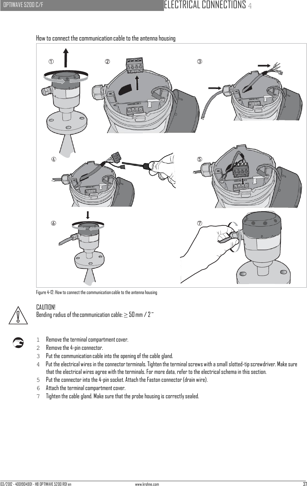 03/2012 - 4001904901 - HB OPTIWAVE 5200 R01 en www.krohne.com 37   OPTIWAVE 5200 C/F   ELECTRICAL CONNECTIONS 4                                     How to connect the communication cable to the antenna housing                                        Figure 4-12: How to connect the communication cable to the antenna housing  CAUTION! Bending radius of the communication cable: ≥ 50 mm / 2¨    1  Remove the terminal compartment cover. 2  Remove the 4-pin connector. 3  Put the communication cable into the opening of the cable gland. 4  Put the electrical wires in the connector terminals. Tighten the terminal screws with a small slotted-tip screwdriver. Make sure that the electrical wires agree with the terminals. For more data, refer to the electrical schema in this section. 5  Put the connector into the 4-pin socket. Attach the Faston connector (drain wire). 6  Attach the terminal compartment cover. 7  Tighten the cable gland. Make sure that the probe housing is correctly sealed. 