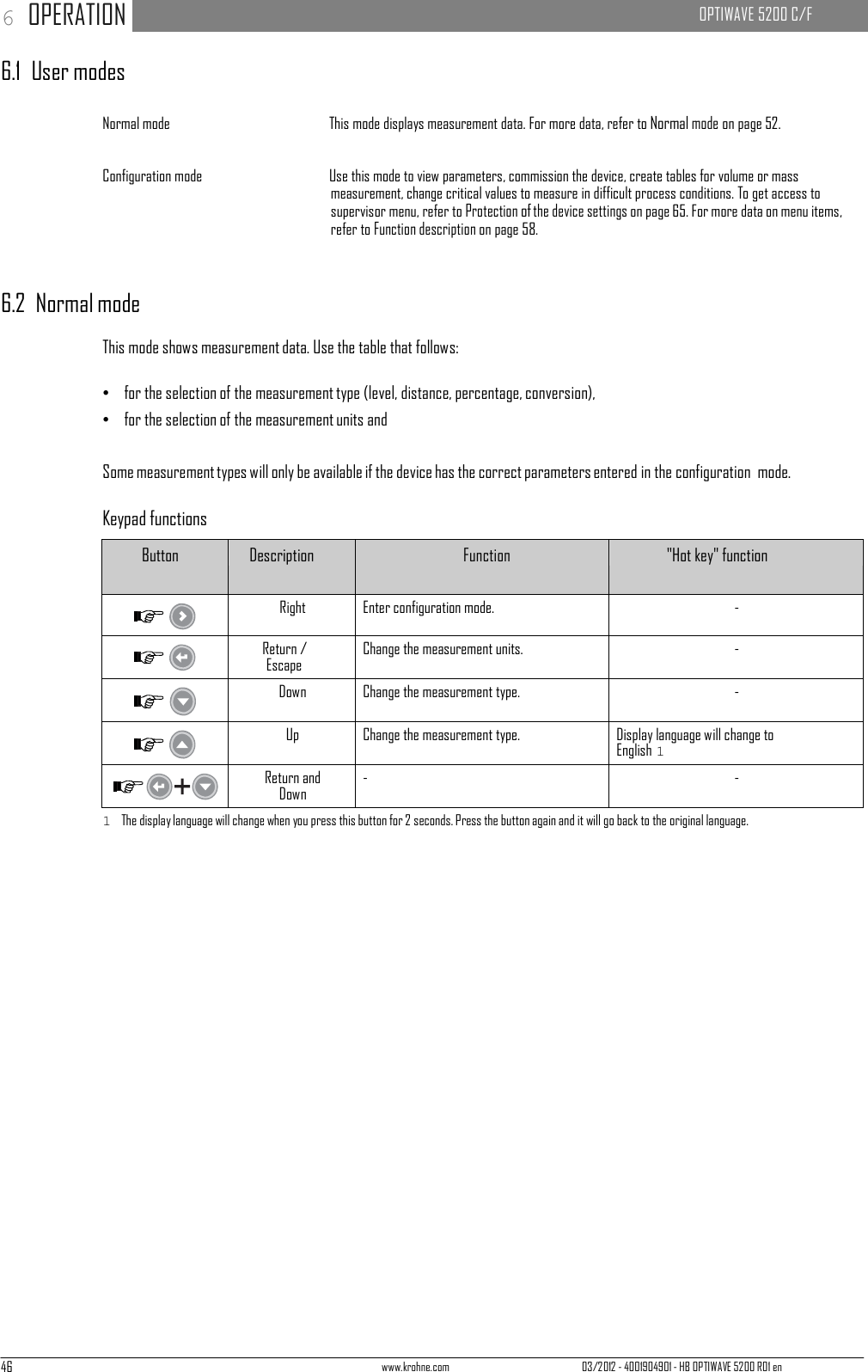 46 www.krohne.com 03/2012 - 4001904901 - HB OPTIWAVE 5200 R01 en 6 OPERATION   OPTIWAVE 5200 C/F      6.1  User modes  Normal mode  This mode displays measurement data. For more data, refer to Normal mode on page 52.   Configuration mode  Use this mode to view parameters, commission the device, create tables for volume or mass measurement, change critical values to measure in difficult process conditions. To get access to supervisor menu, refer to Protection of the device settings on page 65. For more data on menu items, refer to Function description on page 58.    6.2  Normal mode  This mode shows measurement data. Use the table that follows:  •   for the selection of the measurement type (level, distance, percentage, conversion), •   for the selection of the measurement units and   Some measurement types will only be available if the device has the correct parameters entered in the configuration  mode.  Keypad functions  Button Description Function &quot;Hot key&quot; function  Right Enter configuration mode. -  Return / Escape Change the measurement units. -  Down Change the measurement type. -  Up Change the measurement type. Display language will change to English 1  Return and Down - - 1  The display language will change when you press this button for 2 seconds. Press the button again and it will go back to the original language. 