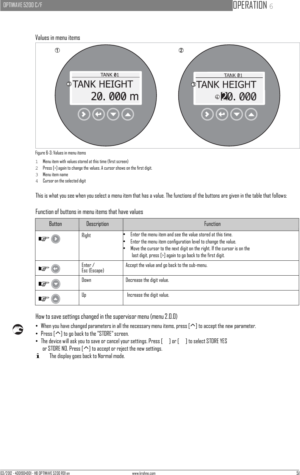 03/2012 - 4001904901 - HB OPTIWAVE 5200 R01 en www.krohne.com 51   OPTIWAVE 5200 C/F   OPERATION 6         Values in menu items                  Figure 6-3: Values in menu items 1  Menu item with values stored at this time (first screen) 2  Press [&gt;] again to change the values. A cursor shows on the first digit. 3  Menu item name 4  Cursor on the selected digit  This is what you see when you select a menu item that has a value. The functions of the buttons are given in the table that follows:  Function of buttons in menu items that have values  Button Description Function  Right •   Enter the menu item and see the value stored at this time. •   Enter the menu item configuration level to change the value. •   Move the cursor to the next digit on the right. If the cursor is on the last digit, press [&gt;] again to go back to the first digit.  Enter / Esc (Escape) Accept the value and go back to the sub-menu.  Down Decrease the digit value.  Up Increase the digit value.  How to save settings changed in the supervisor menu (menu 2.0.0) • When you have changed parameters in all the necessary menu items, press [^] to accept the new parameter. • Press [^] to go back to the &quot;STORE&quot; screen. • The device will ask you to save or cancel your settings. Press [   ] or [   ] to select STORE YES or STORE NO. Press [^] to accept or reject the new settings. i The display goes back to Normal mode. 