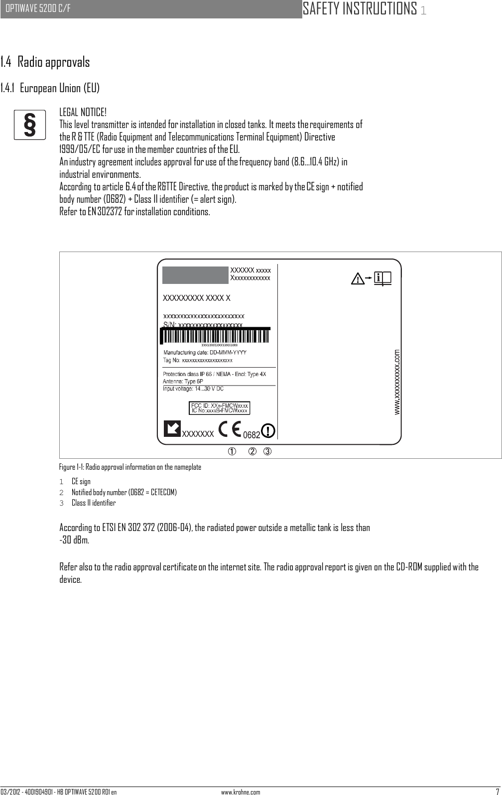 03/2012 - 4001904901 - HB OPTIWAVE 5200 R01 en www.krohne.com 7   OPTIWAVE 5200 C/F   SAFETY INSTRUCTIONS 1              1.4  Radio approvals  1.4.1  European Union (EU)  LEGAL NOTICE! This level transmitter is intended for installation in closed tanks. It meets the requirements of the R &amp; TTE (Radio Equipment and Telecommunications Terminal Equipment) Directive 1999/05/EC for use in the member countries of the EU. An industry agreement includes approval for use of the frequency band (8.6...10.4 GHz) in industrial environments. According to article 6.4 of the R&amp;TTE Directive, the product is marked by the CE sign + notified body number (0682) + Class II identifier (= alert sign). Refer to EN 302372 for installation conditions.                        Figure 1-1: Radio approval information on the nameplate 1  CE sign 2  Notified body number (0682 = CETECOM) 3  Class II identifier  According to ETSI EN 302 372 (2006-04), the radiated power outside a metallic tank is less than -30 dBm.  Refer also to the radio approval certificate on the internet site. The radio approval report is given on the CD-ROM supplied with the device. 