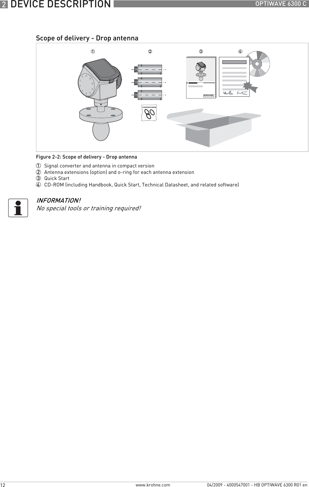 2 DEVICE DESCRIPTION 12 OPTIWAVE 6300 Cwww.krohne.com 04/2009 - 4000547001 - HB OPTIWAVE 6300 R01 enScope of delivery - Drop antennaFigure 2-2: Scope of delivery - Drop antenna1  Signal converter and antenna in compact version2  Antenna extensions (option) and o-ring for each antenna extension3  Quick Start4  CD-ROM (including Handbook, Quick Start, Technical Datasheet, and related software)INFORMATION!No special tools or training required!