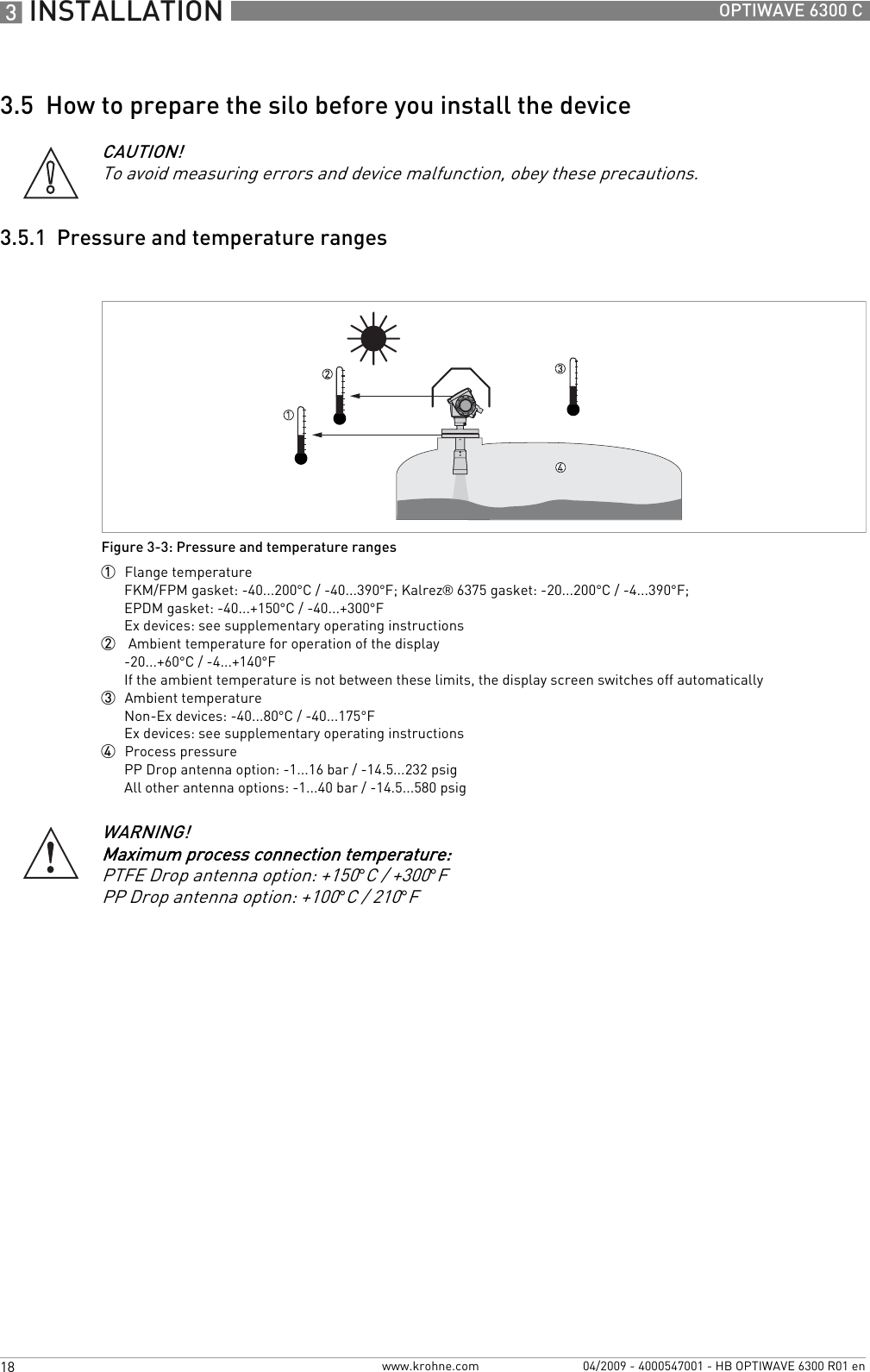 3 INSTALLATION 18 OPTIWAVE 6300 Cwww.krohne.com 04/2009 - 4000547001 - HB OPTIWAVE 6300 R01 en3.5  How to prepare the silo before you install the device3.5.1  Pressure and temperature rangesCAUTION!To avoid measuring errors and device malfunction, obey these precautions.Figure 3-3: Pressure and temperature ranges1  Flange temperatureFKM/FPM gasket: -40...200°C / -40...390°F; Kalrez® 6375 gasket: -20...200°C / -4...390°F;EPDM gasket: -40...+150°C / -40...+300°FEx devices: see supplementary operating instructions2   Ambient temperature for operation of the display-20...+60°C / -4...+140°FIf the ambient temperature is not between these limits, the display screen switches off automatically3  Ambient temperatureNon-Ex devices: -40...80°C / -40...175°FEx devices: see supplementary operating instructions4  Process pressurePP Drop antenna option: -1...16 bar / -14.5...232 psigAll other antenna options: -1...40 bar / -14.5...580 psigWARNING!Maximum process connection temperature:PTFE Drop antenna option: +150°C / +300°FPP Drop antenna option: +100°C / 210°F