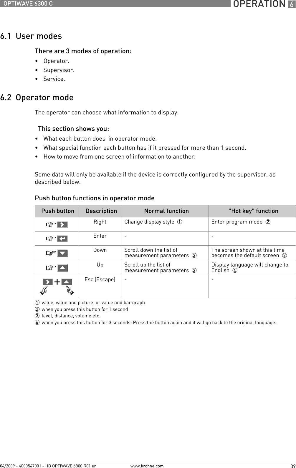  OPERATION 639OPTIWAVE 6300 Cwww.krohne.com04/2009 - 4000547001 - HB OPTIWAVE 6300 R01 en6.1  User modesThere are 3 modes of operation:•Operator.•Supervisor.•Service.6.2  Operator modeThe operator can choose what information to display.  This section shows you:•What each button does  in operator mode.•What special function each button has if it pressed for more than 1 second.•How to move from one screen of information to another.Some data will only be available if the device is correctly configured by the supervisor, as described below.Push button functions in operator modePush button Description Normal function &quot;Hot key&quot; functionRight Change display style  1 Enter program mode  2Enter - -Down Scroll down the list of  measurement parameters  3The screen shown at this time becomes the default screen  2Up Scroll up the list of  measurement parameters  3Display language will change to English  4Esc (Escape) - -1value, value and picture, or value and bar graph 2when you press this button for 1 second3level, distance, volume etc.4when you press this button for 3 seconds. Press the button again and it will go back to the original language.