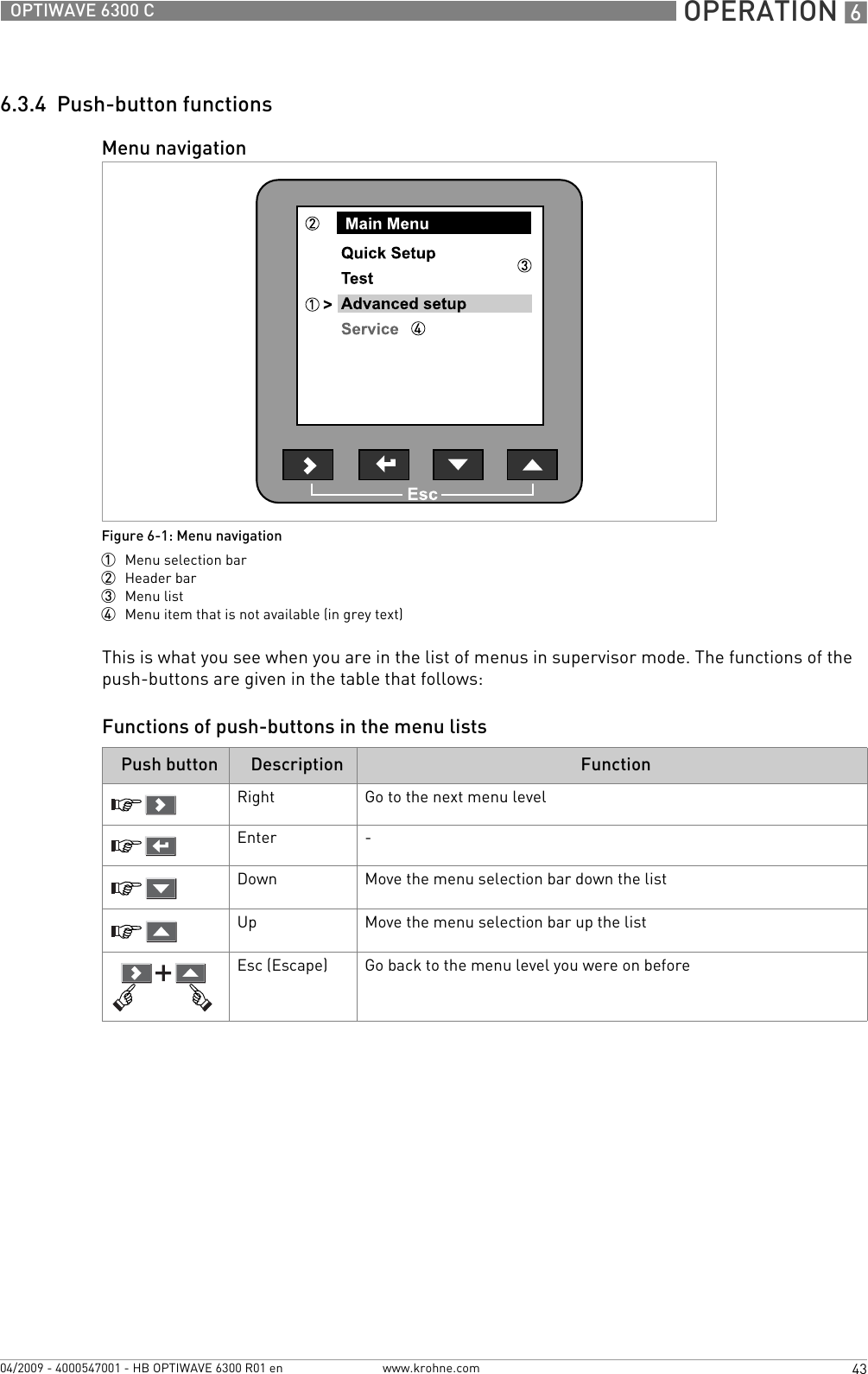  OPERATION 643OPTIWAVE 6300 Cwww.krohne.com04/2009 - 4000547001 - HB OPTIWAVE 6300 R01 en6.3.4  Push-button functionsThis is what you see when you are in the list of menus in supervisor mode. The functions of the push-buttons are given in the table that follows:Functions of push-buttons in the menu listsMenu navigationFigure 6-1: Menu navigation1  Menu selection bar2  Header bar3  Menu list4  Menu item that is not available (in grey text)Push button Description FunctionRight Go to the next menu levelEnter -Down Move the menu selection bar down the listUp Move the menu selection bar up the listEsc (Escape) Go back to the menu level you were on before