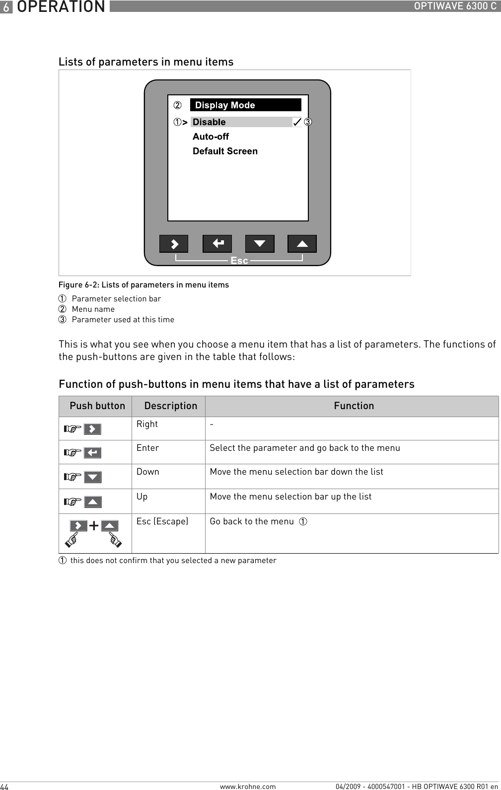 6 OPERATION 44 OPTIWAVE 6300 Cwww.krohne.com 04/2009 - 4000547001 - HB OPTIWAVE 6300 R01 enThis is what you see when you choose a menu item that has a list of parameters. The functions of the push-buttons are given in the table that follows:Function of push-buttons in menu items that have a list of parametersLists of parameters in menu itemsFigure 6-2: Lists of parameters in menu items1  Parameter selection bar2  Menu name3  Parameter used at this timePush button Description FunctionRight -Enter Select the parameter and go back to the menuDown Move the menu selection bar down the listUp Move the menu selection bar up the listEsc (Escape) Go back to the menu  11this does not confirm that you selected a new parameter