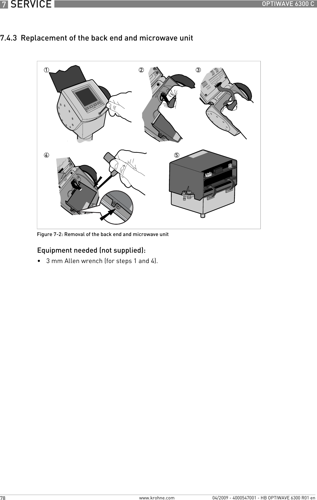 7 SERVICE 78 OPTIWAVE 6300 Cwww.krohne.com 04/2009 - 4000547001 - HB OPTIWAVE 6300 R01 en7.4.3  Replacement of the back end and microwave unitEquipment needed (not supplied):•3 mm Allen wrench (for steps 1 and 4).Figure 7-2: Removal of the back end and microwave unit