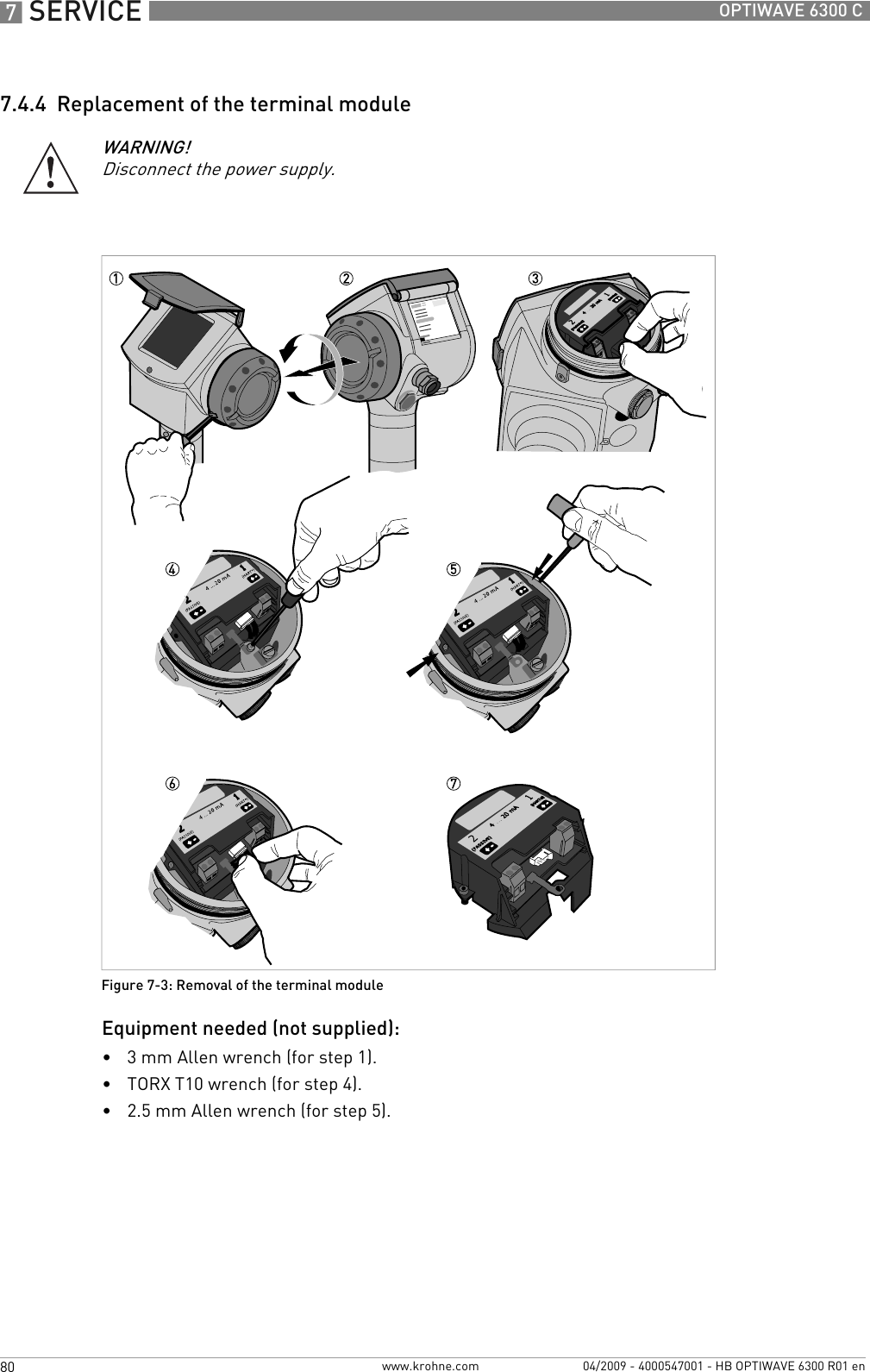 7 SERVICE 80 OPTIWAVE 6300 Cwww.krohne.com 04/2009 - 4000547001 - HB OPTIWAVE 6300 R01 en7.4.4  Replacement of the terminal moduleEquipment needed (not supplied):•3 mm Allen wrench (for step 1).•TORX T10 wrench (for step 4).•2.5 mm Allen wrench (for step 5).WARNING!Disconnect the power supply.Figure 7-3: Removal of the terminal module