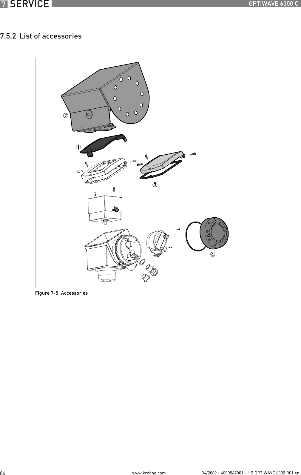 7 SERVICE 84 OPTIWAVE 6300 Cwww.krohne.com 04/2009 - 4000547001 - HB OPTIWAVE 6300 R01 en7.5.2  List of accessoriesFigure 7-5: Accessories