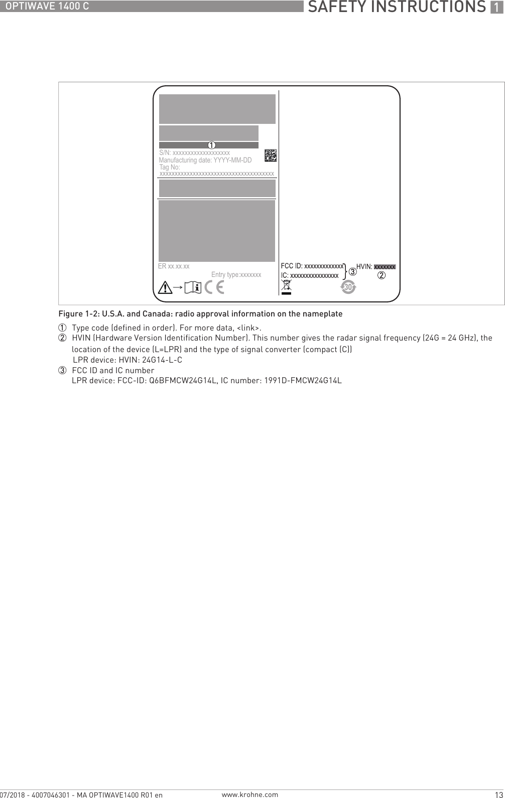  SAFETY INSTRUCTIONS 113OPTIWAVE 1400 Cwww.krohne.com07/2018 - 4007046301 - MA OPTIWAVE1400 R01 enFigure 1-2: U.S.A. and Canada: radio approval information on the nameplate1  Type code (defined in order). For more data, &lt;link&gt;.2  HVIN (Hardware Version Identification Number). This number gives the radar signal frequency (24G = 24 GHz), thelocation of the device (L=LPR) and the type of signal converter (compact (C))       LPR device: HVIN: 24G14-L-C3  FCC ID and IC numberLPR device: FCC-ID: Q6BFMCW24G14L, IC number: 1991D-FMCW24G14LS/N: xxxxxxxxxxxxxxxxxxxManufacturing date: YYYY-MM-DDTag No: 