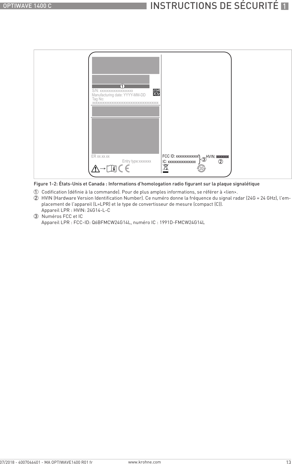  INSTRUCTIONS DE SÉCURITÉ 113OPTIWAVE 1400 Cwww.krohne.com07/2018 - 4007046401 - MA OPTIWAVE1400 R01 frFigure 1-2: États-Unis et Canada : Informations d&apos;homologation radio figurant sur la plaque signalétique1  Codification (définie à la commande). Pour de plus amples informations, se référer à &lt;lien&gt;.2  HVIN (Hardware Version Identification Number). Ce numéro donne la fréquence du signal radar (24G = 24 GHz), l&apos;em-placement de l&apos;appareil (L=LPR) et le type de convertisseur de mesure (compact (C)).Appareil LPR : HVIN: 24G14-L-C3  Numéros FCC et ICAppareil LPR : FCC-ID: Q6BFMCW24G14L, numéro IC : 1991D-FMCW24G14LS/N: xxxxxxxxxxxxxxxxxxxManufacturing date: YYYY-MM-DDTag No: 