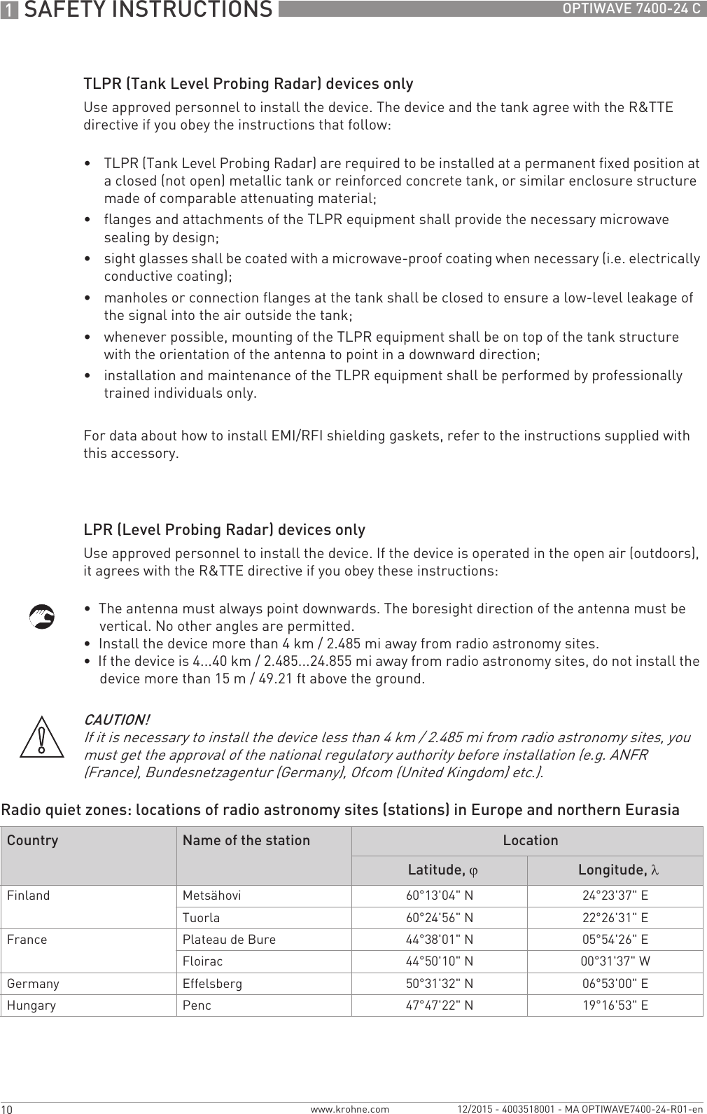 1 SAFETY INSTRUCTIONS 10 OPTIWAVE 7400-24 Cwww.krohne.com 12/2015 - 4003518001 - MA OPTIWAVE7400-24-R01-enTLPR (Tank Level Probing Radar) devices onlyUse approved personnel to install the device. The device and the tank agree with the R&amp;TTE directive if you obey the instructions that follow:•TLPR (Tank Level Probing Radar) are required to be installed at a permanent fixed position at a closed (not open) metallic tank or reinforced concrete tank, or similar enclosure structure made of comparable attenuating material;•flanges and attachments of the TLPR equipment shall provide the necessary microwave sealing by design;•sight glasses shall be coated with a microwave-proof coating when necessary (i.e. electrically conductive coating);•manholes or connection flanges at the tank shall be closed to ensure a low-level leakage of the signal into the air outside the tank;•whenever possible, mounting of the TLPR equipment shall be on top of the tank structure with the orientation of the antenna to point in a downward direction;•installation and maintenance of the TLPR equipment shall be performed by professionally trained individuals only.For data about how to install EMI/RFI shielding gaskets, refer to the instructions supplied with this accessory.LPR (Level Probing Radar) devices onlyUse approved personnel to install the device. If the device is operated in the open air (outdoors), it agrees with the R&amp;TTE directive if you obey these instructions:•  The antenna must always point downwards. The boresight direction of the antenna must be vertical. No other angles are permitted.•  Install the device more than 4 km / 2.485 mi away from radio astronomy sites.•  If the device is 4...40 km / 2.485...24.855 mi away from radio astronomy sites, do not install the device more than 15 m / 49.21 ft above the ground.Radio quiet zones: locations of radio astronomy sites (stations) in Europe and northern EurasiaCAUTION!If it is necessary to install the device less than 4 km / 2.485 mi from radio astronomy sites, you must get the approval of the national regulatory authority before installation (e.g. ANFR (France), Bundesnetzagentur (Germany), Ofcom (United Kingdom) etc.).Country Name of the station LocationLatitude, ϕLongitude, λFinland Metsähovi 60°13&apos;04&quot; N 24°23&apos;37&quot; ETuorla 60°24&apos;56&quot; N 22°26&apos;31&quot; EFrance Plateau de Bure 44°38&apos;01&quot; N 05°54&apos;26&quot; EFloirac 44°50&apos;10&quot; N 00°31&apos;37&quot; WGermany Effelsberg 50°31&apos;32&quot; N 06°53&apos;00&quot; EHungary Penc 47°47&apos;22&quot; N 19°16&apos;53&quot; E