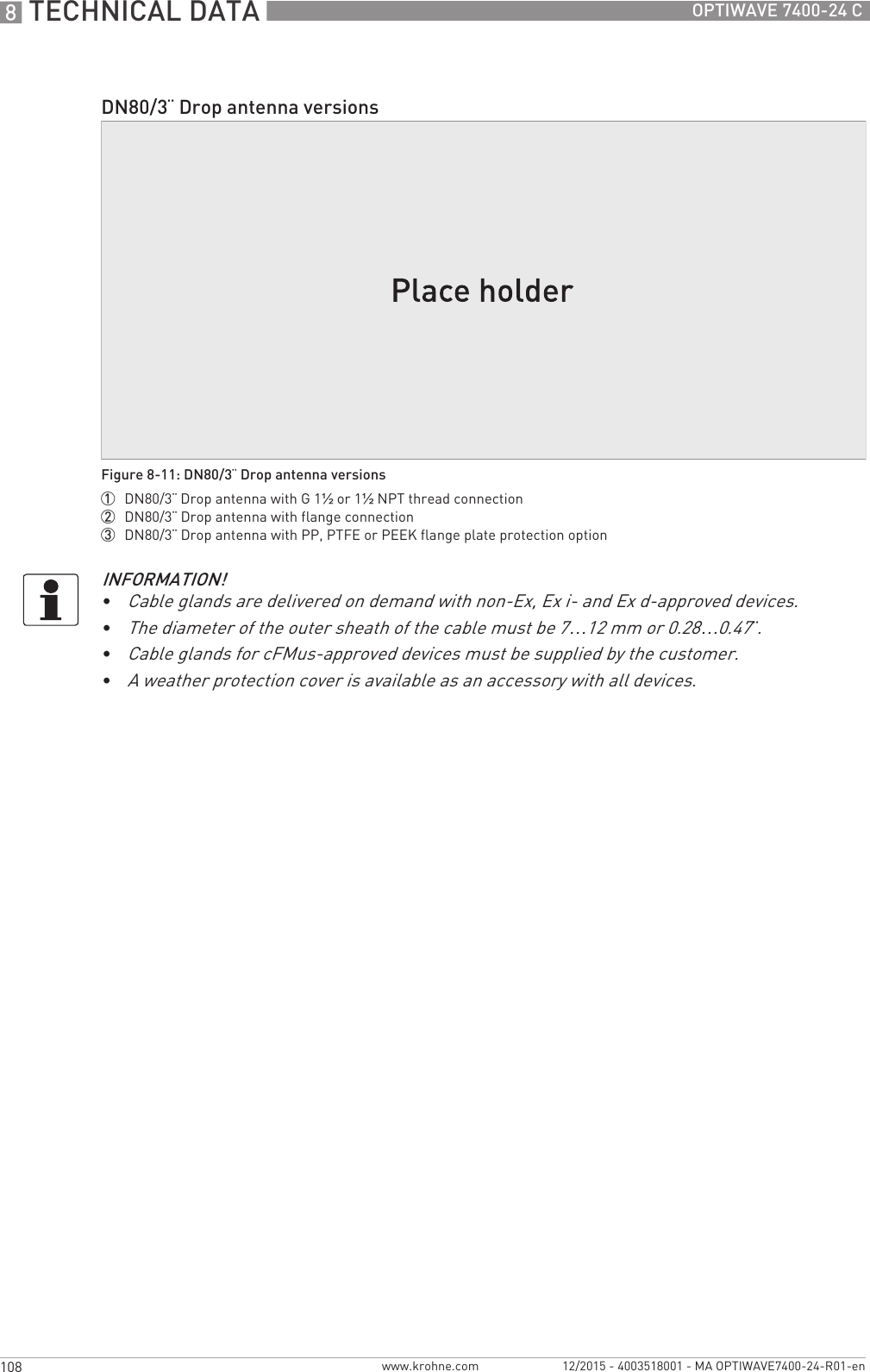 8 TECHNICAL DATA 108 OPTIWAVE 7400-24 Cwww.krohne.com 12/2015 - 4003518001 - MA OPTIWAVE7400-24-R01-enDN80/3¨ Drop antenna versionsFigure 8-11: DN80/3¨ Drop antenna versions1  DN80/3¨ Drop antenna with G 1½ or 1½NPT thread connection2  DN80/3¨ Drop antenna with flange connection3  DN80/3¨ Drop antenna with PP, PTFE or PEEK flange plate protection optionINFORMATION!•Cable glands are delivered on demand with non-Ex, Ex i- and Ex d-approved devices.•The diameter of the outer sheath of the cable must be 7…12 mm or 0.28…0.47¨.•Cable glands for cFMus-approved devices must be supplied by the customer.•A weather protection cover is available as an accessory with all devices.