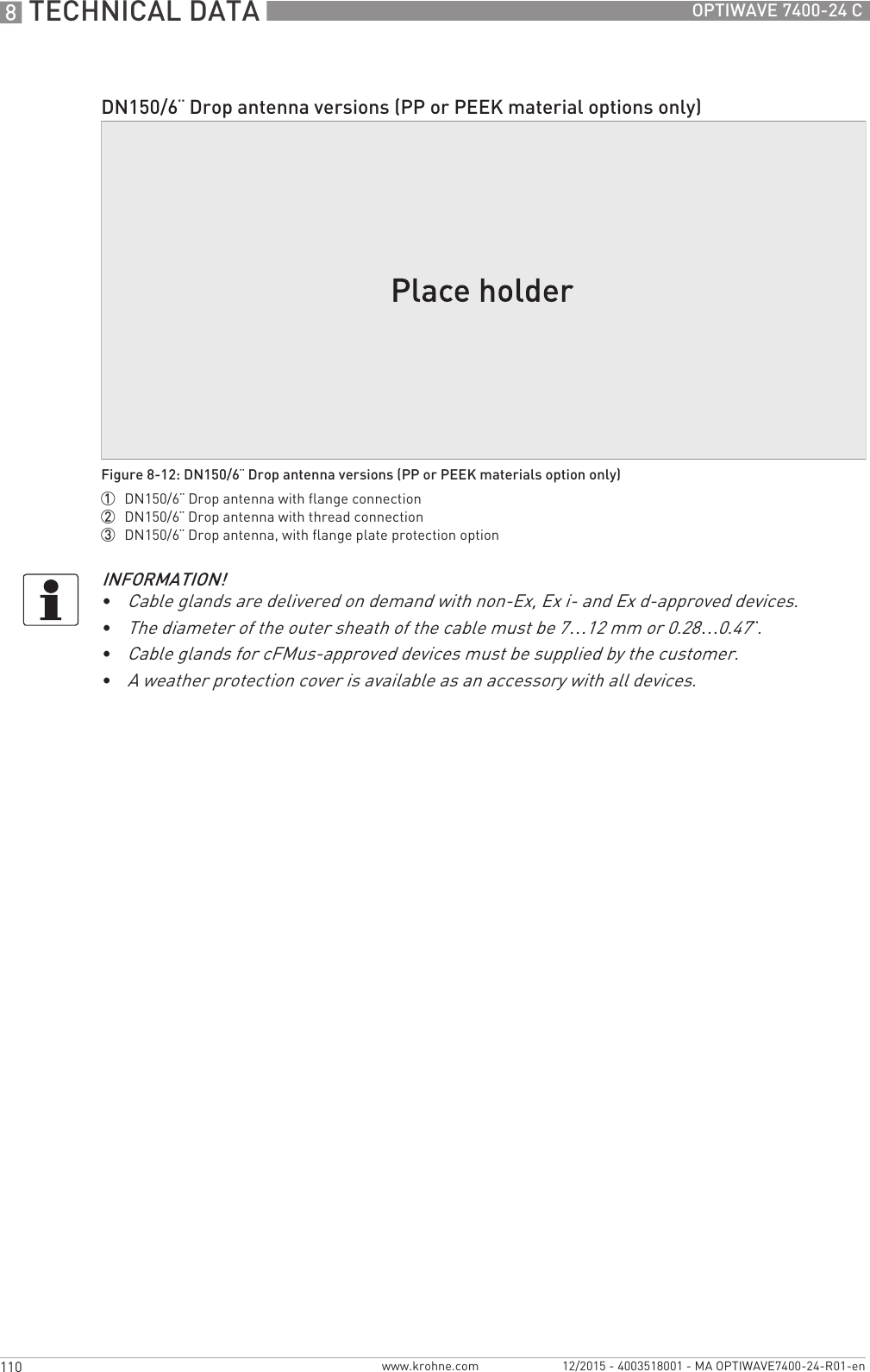8 TECHNICAL DATA 110 OPTIWAVE 7400-24 Cwww.krohne.com 12/2015 - 4003518001 - MA OPTIWAVE7400-24-R01-enDN150/6¨ Drop antenna versions (PP or PEEK material options only)Figure 8-12: DN150/6¨ Drop antenna versions (PP or PEEK materials option only)1  DN150/6¨ Drop antenna with flange connection2  DN150/6¨ Drop antenna with thread connection3  DN150/6¨ Drop antenna, with flange plate protection optionINFORMATION!•Cable glands are delivered on demand with non-Ex, Ex i- and Ex d-approved devices.•The diameter of the outer sheath of the cable must be 7…12 mm or 0.28…0.47¨.•Cable glands for cFMus-approved devices must be supplied by the customer.•A weather protection cover is available as an accessory with all devices.