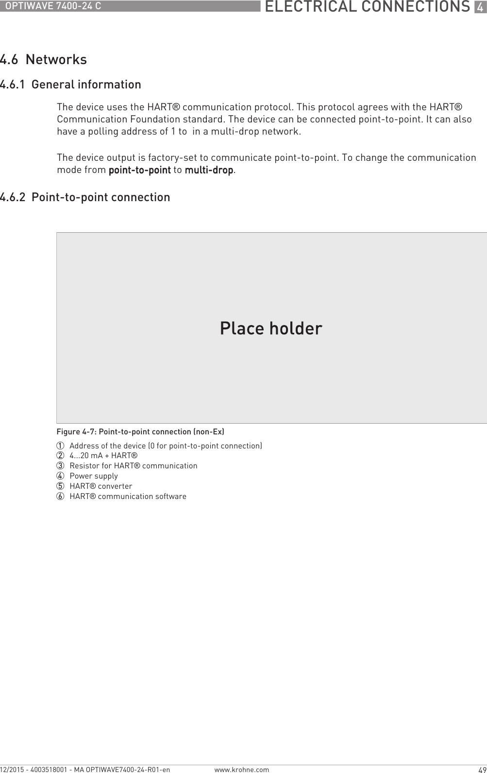  ELECTRICAL CONNECTIONS 449OPTIWAVE 7400-24 Cwww.krohne.com12/2015 - 4003518001 - MA OPTIWAVE7400-24-R01-en4.6  Networks4.6.1  General informationThe device uses the HART® communication protocol. This protocol agrees with the HART® Communication Foundation standard. The device can be connected point-to-point. It can also have a polling address of 1 to  in a multi-drop network.The device output is factory-set to communicate point-to-point. To change the communication mode from point-to-pointpoint-to-pointpoint-to-pointpoint-to-point to multi-dropmulti-dropmulti-dropmulti-drop.4.6.2  Point-to-point connectionFigure 4-7: Point-to-point connection (non-Ex)1  Address of the device (0 for point-to-point connection)2  4...20 mA + HART®3  Resistor for HART® communication4  Power supply5  HART® converter6  HART® communication software