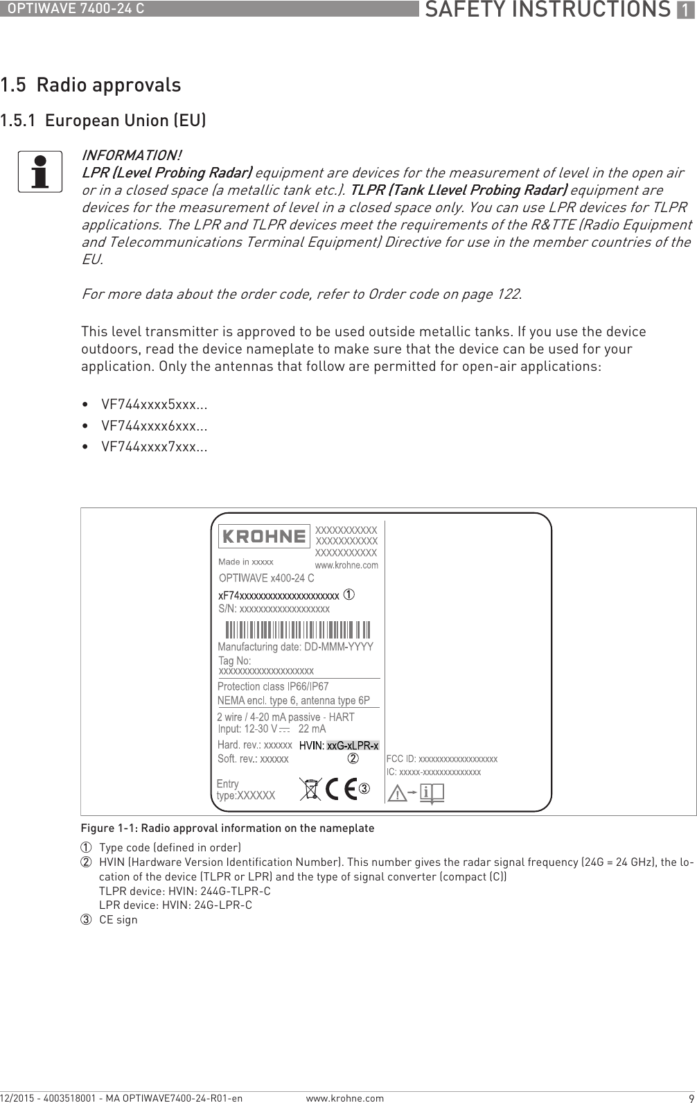  SAFETY INSTRUCTIONS 19OPTIWAVE 7400-24 Cwww.krohne.com12/2015 - 4003518001 - MA OPTIWAVE7400-24-R01-en1.5  Radio approvals1.5.1  European Union (EU)This level transmitter is approved to be used outside metallic tanks. If you use the device outdoors, read the device nameplate to make sure that the device can be used for your application. Only the antennas that follow are permitted for open-air applications:•VF744xxxx5xxx...•VF744xxxx6xxx...•VF744xxxx7xxx...INFORMATION!LPR (Level Probing Radar)LPR (Level Probing Radar)LPR (Level Probing Radar)LPR (Level Probing Radar) equipment are devices for the measurement of level in the open air or in a closed space (a metallic tank etc.). TLPR (Tank Llevel Probing Radar)TLPR (Tank Llevel Probing Radar)TLPR (Tank Llevel Probing Radar)TLPR (Tank Llevel Probing Radar) equipment are devices for the measurement of level in a closed space only. You can use LPR devices for TLPR applications. The LPR and TLPR devices meet the requirements of the R&amp;TTE (Radio Equipment and Telecommunications Terminal Equipment) Directive for use in the member countries of the EU.For more data about the order code, refer to Order code on page 122.Figure 1-1: Radio approval information on the nameplate1  Type code (defined in order)2  HVIN (Hardware Version Identification Number). This number gives the radar signal frequency (24G = 24 GHz), the lo-cation of the device (TLPR or LPR) and the type of signal converter (compact (C))TLPR device: HVIN: 244G-TLPR-CLPR device: HVIN: 24G-LPR-C3  CE sign