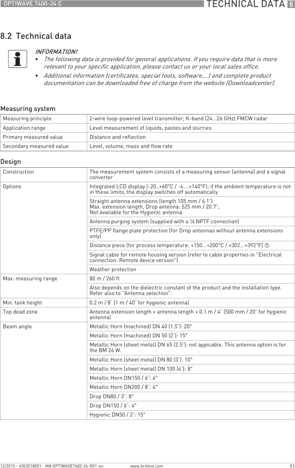  TECHNICAL DATA 891OPTIWAVE 7400-24 Cwww.krohne.com12/2015 - 4003518001 - MA OPTIWAVE7400-24-R01-en8.2  Technical dataINFORMATION!•The following data is provided for general applications. If you require data that is more relevant to your specific application, please contact us or your local sales office.•Additional information (certificates, special tools, software,...) and complete product documentation can be downloaded free of charge from the website (Downloadcenter).Measuring systemMeasuring principle 2-wire loop-powered level transmitter; K-band (24...26 GHz) FMCW radarApplication range Level measurement of liquids, pastes and slurriesPrimary measured value Distance and reflectionSecondary measured value Level, volume, mass and flow rateDesignConstruction The measurement system consists of a measuring sensor (antenna) and a signal converterOptions Integrated LCD display (-20..+60°C/ -4…+140°F); if the ambient temperature is not in these limits, the display switches off automaticallyStraight antenna extensions (length 105 mm / 4.1¨)Max. extension length, Drop antenna: 525 mm / 20.7¨;Not available for the Hygienic antennaAntenna purging system (supplied with a ¼NPTF connection)PTFE/PP flange plate protection (for Drop antennas without antenna extensions only)Distance piece (for process temperature: +150...+200°C / +302...+392°F) 1Signal cable for remote housing version (refer to cable properties in &quot;Electrical connection: Remote device version&quot;)Weather protectionMax. measuring range 80 m / 260 ftAlso depends on the dielectric constant of the product and the installation type. Refer also to &quot;Antenna selection&quot;.Min. tank height 0.2 m / 8¨ (1 m / 40¨ for hygienic antenna)Top dead zone Antenna extension length + antenna length + 0.1 m / 4¨ (500 mm / 20¨ for hygienic antenna)Beam angle Metallic Horn (machined) DN 40 (1.5¨): 20°Metallic Horn (machined) DN 50 (2¨): 15°Metallic Horn (sheet metal) DN 65 (2.5¨): not appicable. This antenna option is for the BM 26 W.Metallic Horn (sheet metal) DN 80 (3¨): 10°Metallic Horn (sheet metal) DN 100 (4¨): 8°Metallic Horn DN150 / 6¨: 6°Metallic Horn DN200 / 8¨: 4°Drop DN80 / 3¨: 8°Drop DN150 / 6¨: 4°Hygienic DN50 / 2¨: 15°