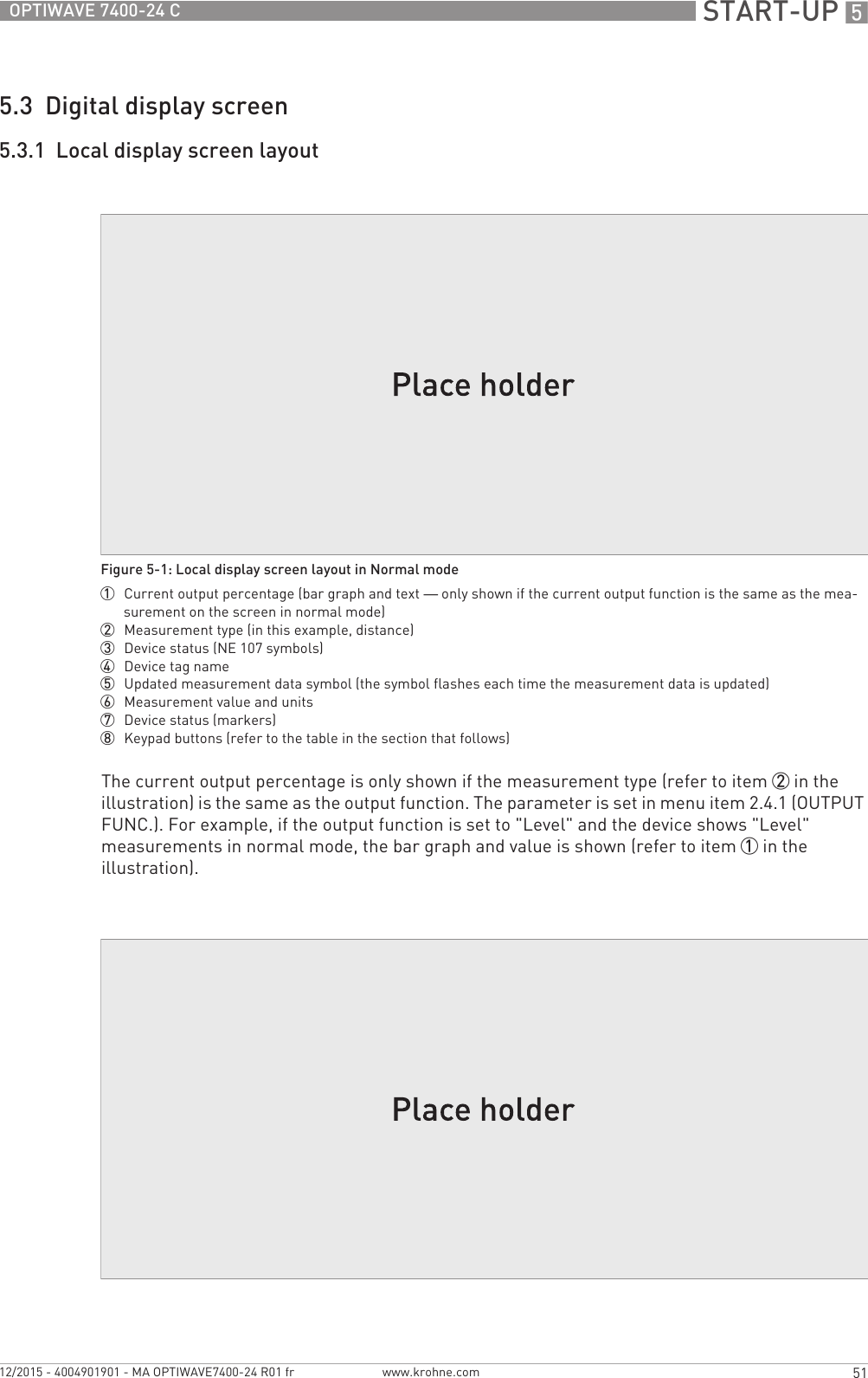  START-UP 551OPTIWAVE 7400-24 Cwww.krohne.com12/2015 - 4004901901 - MA OPTIWAVE7400-24 R01 fr5.3  Digital display screen5.3.1  Local display screen layoutThe current output percentage is only shown if the measurement type (refer to item 2 in the illustration) is the same as the output function. The parameter is set in menu item 2.4.1 (OUTPUT FUNC.). For example, if the output function is set to &quot;Level&quot; and the device shows &quot;Level&quot; measurements in normal mode, the bar graph and value is shown (refer to item 1 in the illustration).Figure 5-1: Local display screen layout in Normal mode1  Current output percentage (bar graph and text — only shown if the current output function is the same as the mea-surement on the screen in normal mode)2  Measurement type (in this example, distance)3  Device status (NE 107 symbols)4  Device tag name5  Updated measurement data symbol (the symbol flashes each time the measurement data is updated)6  Measurement value and units7  Device status (markers)8  Keypad buttons (refer to the table in the section that follows)