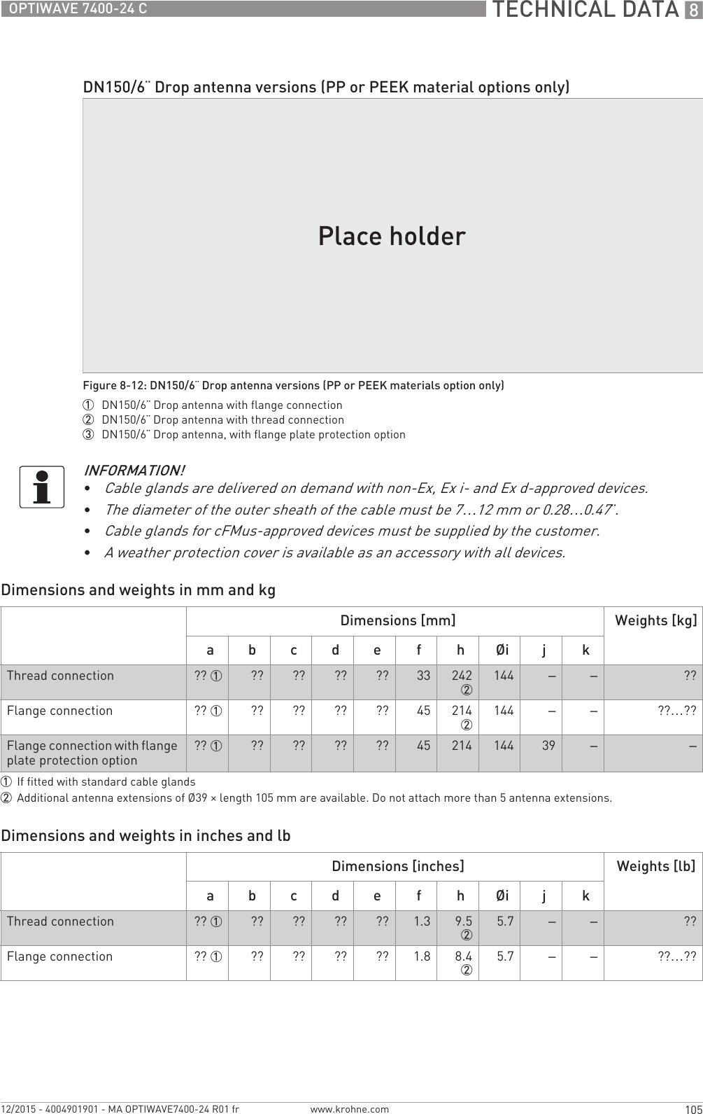  TECHNICAL DATA 8105OPTIWAVE 7400-24 Cwww.krohne.com12/2015 - 4004901901 - MA OPTIWAVE7400-24 R01 frDimensions and weights in mm and kgDimensions and weights in inches and lbDN150/6¨ Drop antenna versions (PP or PEEK material options only)Figure 8-12: DN150/6¨ Drop antenna versions (PP or PEEK materials option only)1  DN150/6¨ Drop antenna with flange connection2  DN150/6¨ Drop antenna with thread connection3  DN150/6¨ Drop antenna, with flange plate protection optionINFORMATION!•Cable glands are delivered on demand with non-Ex, Ex i- and Ex d-approved devices.•The diameter of the outer sheath of the cable must be 7…12 mm or 0.28…0.47¨.•Cable glands for cFMus-approved devices must be supplied by the customer.•A weather protection cover is available as an accessory with all devices.Dimensions [mm] Weights [kg]a b c d e f h Øi j kThread connection ?? 1 ?? ?? ?? ?? 33 2422144 – – ??Flange connection ?? 1 ?? ?? ?? ?? 45 2142144 – – ??…??Flange connection with flange plate protection option ?? 1 ?? ?? ?? ?? 45 214 144 39 – –1If fitted with standard cable glands2Additional antenna extensions of Ø39 × length 105 mm are available. Do not attach more than 5 antenna extensions.Dimensions [inches] Weights [lb]a b c d e f h Øi j kThread connection ?? 1 ?? ?? ?? ?? 1.3 9.525.7 – – ??Flange connection ?? 1 ?? ?? ?? ?? 1.8 8.425.7 – – ??…??