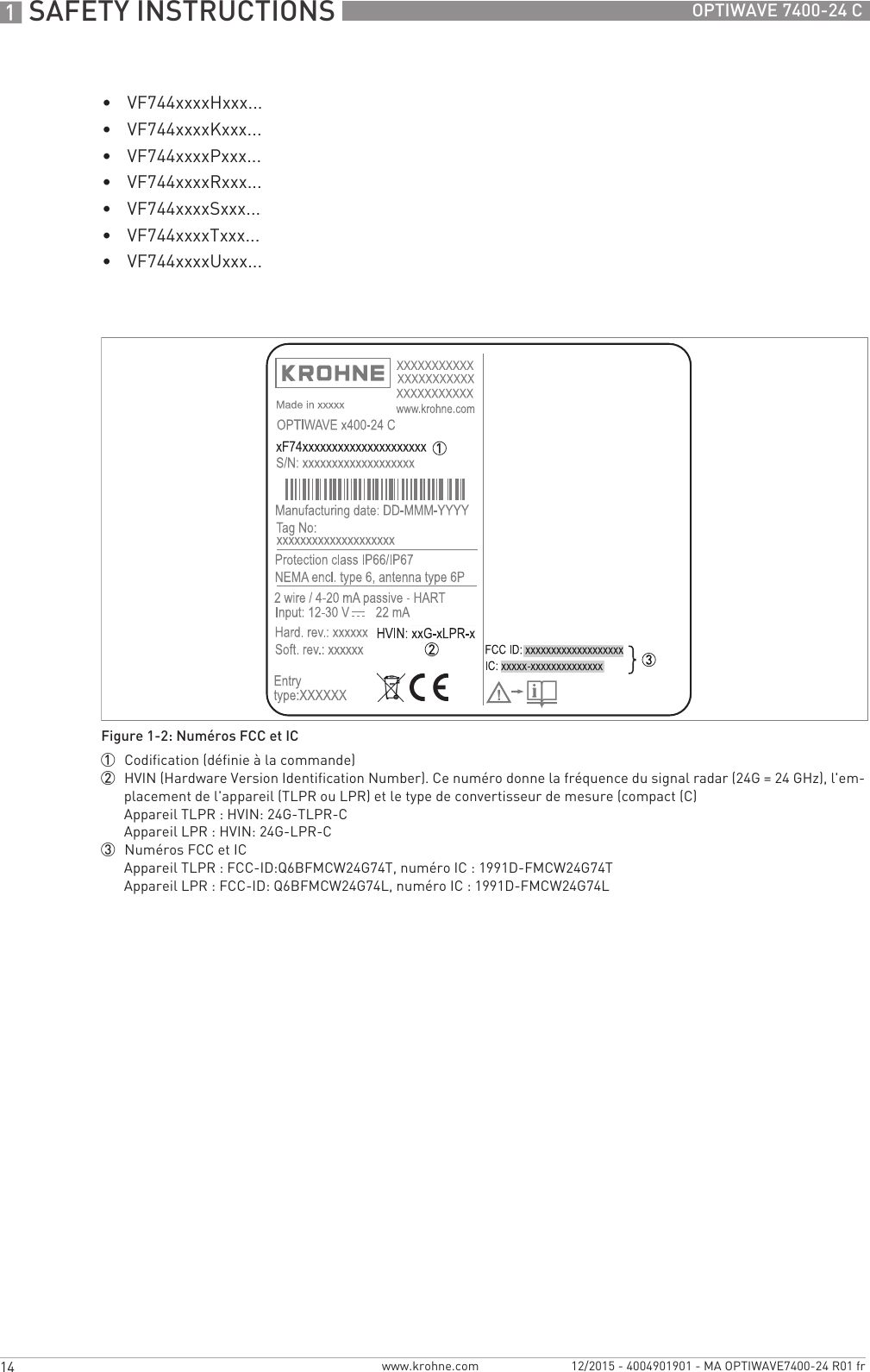 1 SAFETY INSTRUCTIONS 14 OPTIWAVE 7400-24 Cwww.krohne.com 12/2015 - 4004901901 - MA OPTIWAVE7400-24 R01 fr•VF744xxxxHxxx...•VF744xxxxKxxx...•VF744xxxxPxxx...•VF744xxxxRxxx...•VF744xxxxSxxx...•VF744xxxxTxxx...•VF744xxxxUxxx...Figure 1-2: Numéros FCC et IC1  Codification (définie à la commande)2  HVIN (Hardware Version Identification Number). Ce numéro donne la fréquence du signal radar (24G = 24 GHz), l&apos;em-placement de l&apos;appareil (TLPR ou LPR) et le type de convertisseur de mesure (compact (C)Appareil TLPR : HVIN: 24G-TLPR-CAppareil LPR : HVIN: 24G-LPR-C3  Numéros FCC et ICAppareil TLPR : FCC-ID:Q6BFMCW24G74T, numéro IC : 1991D-FMCW24G74TAppareil LPR : FCC-ID: Q6BFMCW24G74L, numéro IC : 1991D-FMCW24G74L