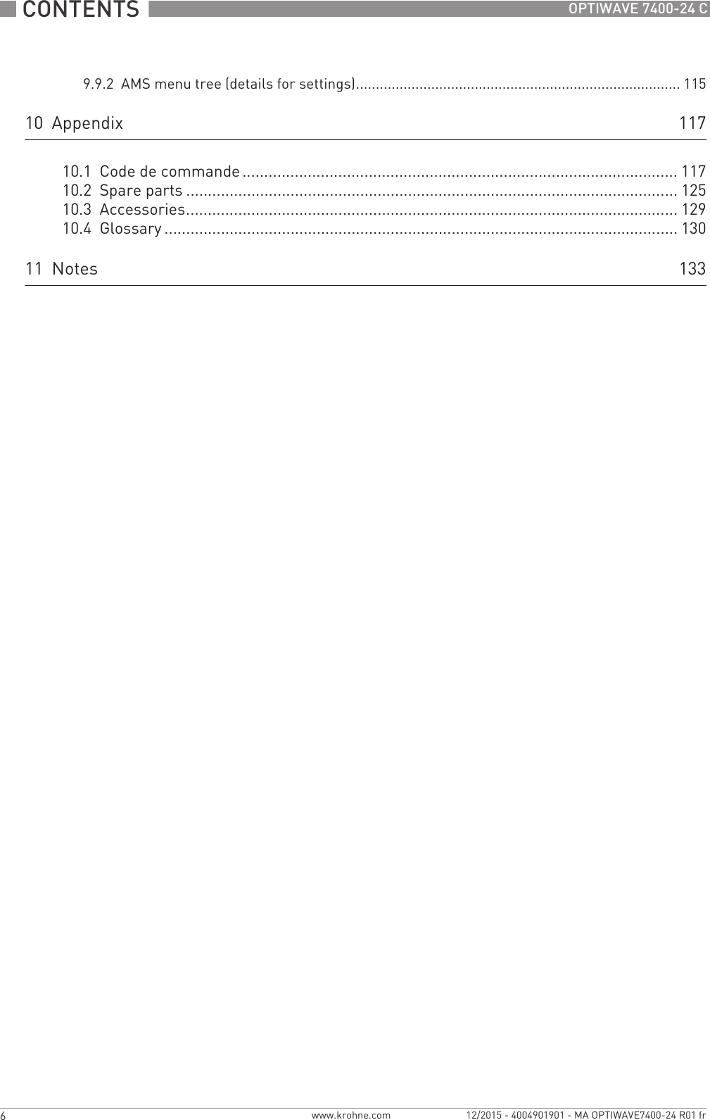  CONTENTS  6 www.krohne.com 12/2015 - 4004901901 - MA OPTIWAVE7400-24 R01 frOPTIWAVE 7400-24 C9.9.2  AMS menu tree (details for settings).................................................................................. 11510  Appendix 11710.1  Code de commande.................................................................................................... 11710.2  Spare parts ................................................................................................................. 12510.3  Accessories................................................................................................................. 12910.4  Glossary ...................................................................................................................... 13011  Notes 133