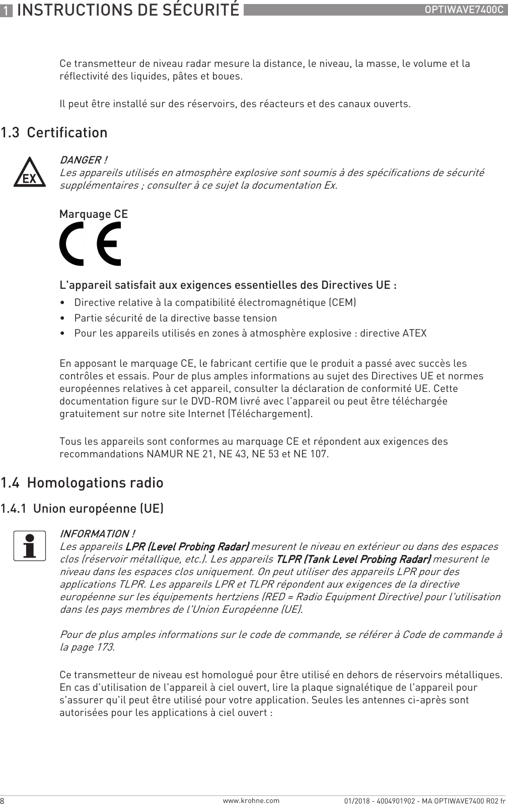 Page 1 of KROHNE FMCW24GX4L Level Probing Radar User Manual MA OPTIWAVE7400 fr 170829 4004901901 R01