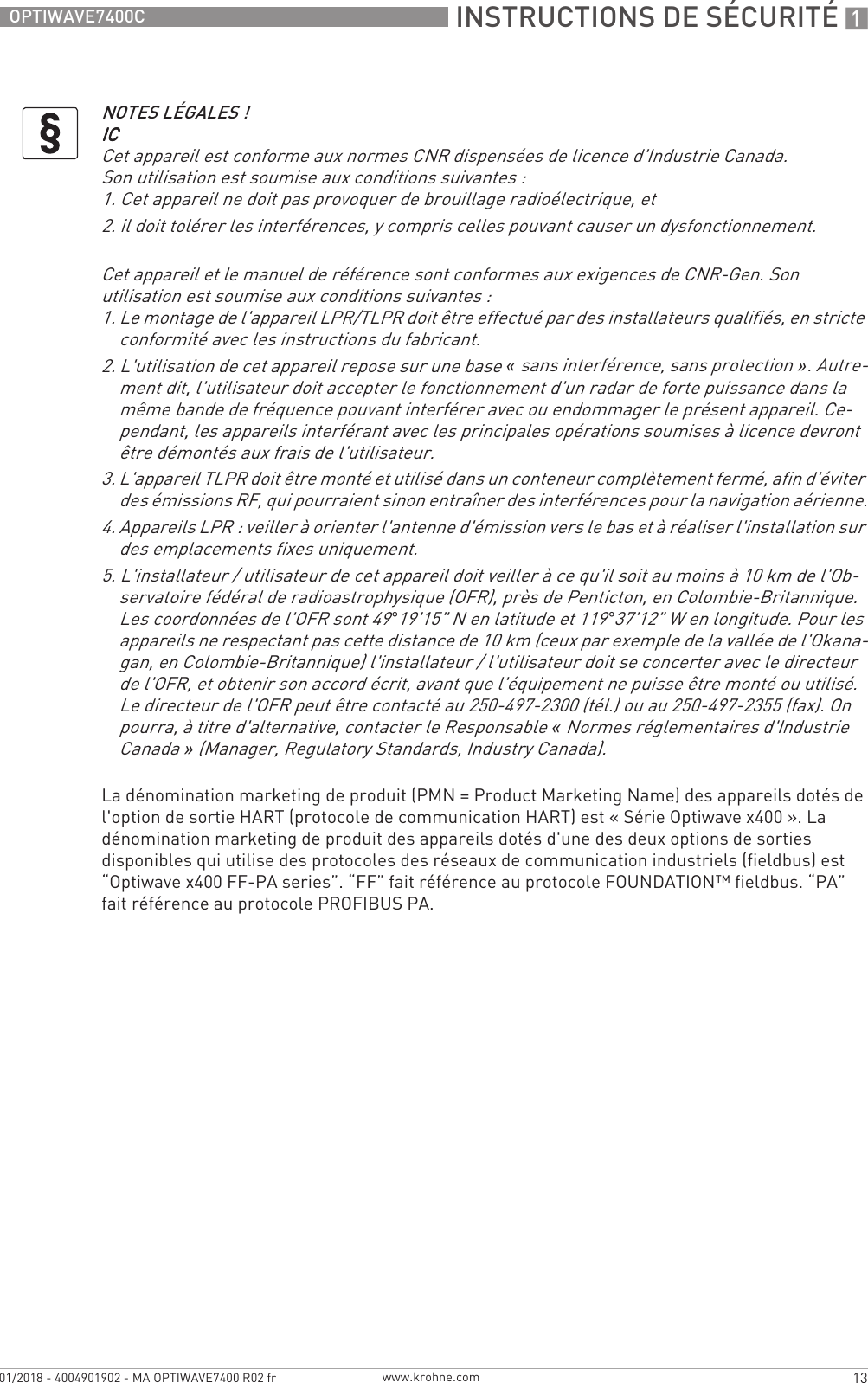 Page 6 of KROHNE FMCW24GX4L Level Probing Radar User Manual MA OPTIWAVE7400 fr 170829 4004901901 R01