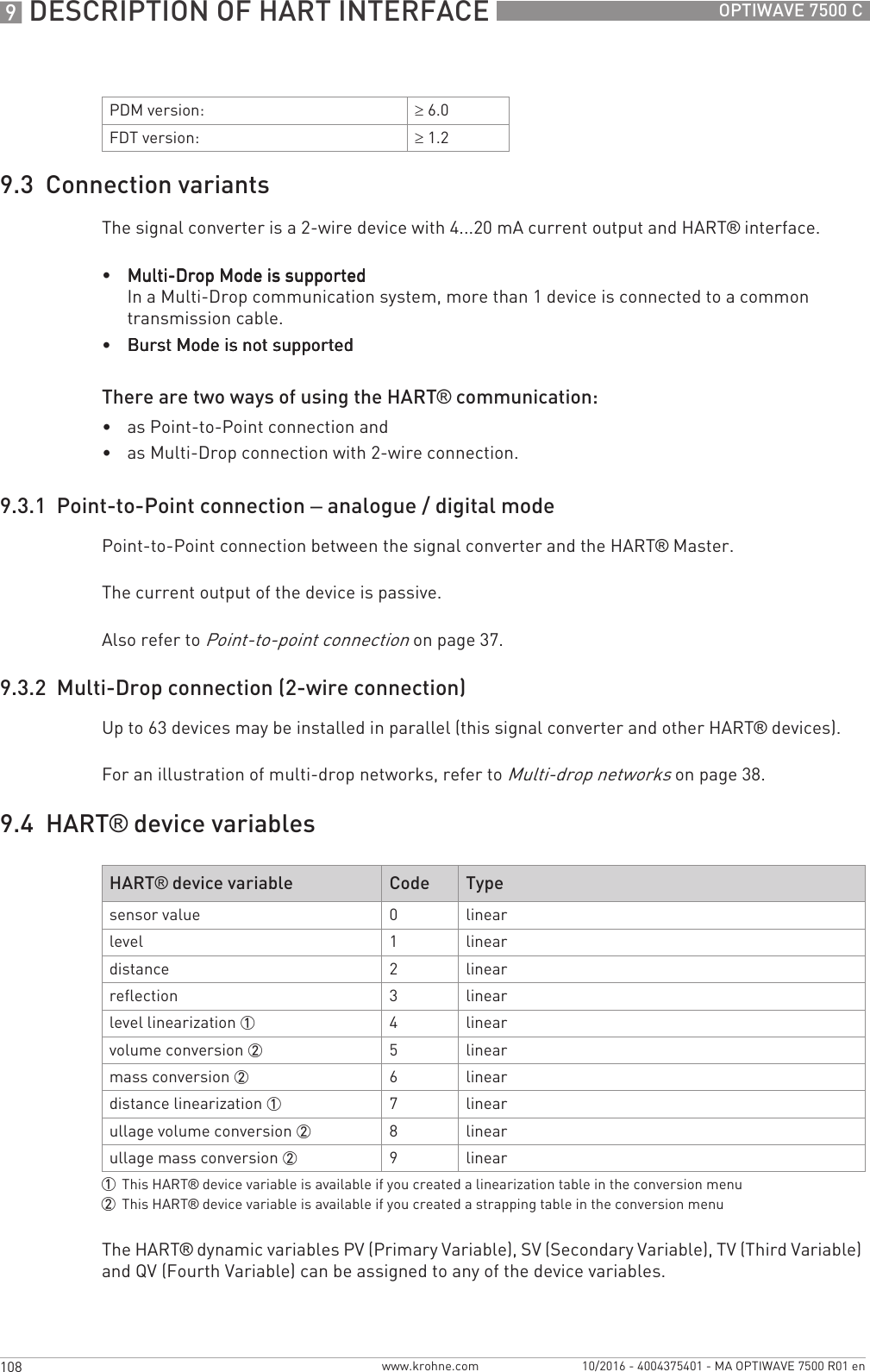 9 DESCRIPTION OF HART INTERFACE 108 OPTIWAVE 7500 Cwww.krohne.com 10/2016 - 4004375401 - MA OPTIWAVE 7500 R01 en9.3  Connection variantsThe signal converter is a 2-wire device with 4...20 mA current output and HART® interface.•Multi-Drop Mode is supportedMulti-Drop Mode is supportedMulti-Drop Mode is supportedMulti-Drop Mode is supportedIn a Multi-Drop communication system, more than 1 device is connected to a common transmission cable.•Burst Mode is not supportedBurst Mode is not supportedBurst Mode is not supportedBurst Mode is not supportedThere are two ways of using the HART® communication:•as Point-to-Point connection and•as Multi-Drop connection with 2-wire connection.9.3.1  Point-to-Point connection – analogue / digital modePoint-to-Point connection between the signal converter and the HART® Master.The current output of the device is passive.Also refer to Point-to-point connection on page 37.9.3.2  Multi-Drop connection (2-wire connection)Up to 63 devices may be installed in parallel (this signal converter and other HART® devices).For an illustration of multi-drop networks, refer to Multi-drop networks on page 38.9.4  HART® device variablesThe HART® dynamic variables PV (Primary Variable), SV (Secondary Variable), TV (Third Variable) and QV (Fourth Variable) can be assigned to any of the device variables.PDM version: ≥6.0FDT version: ≥1.2HART® device variable Code Typesensor value 0linearlevel 1lineardistance 2linearreflection 3linearlevel linearization 1 4linearvolume conversion 2 5linearmass conversion 2 6lineardistance linearization 1 7linearullage volume conversion 2 8linearullage mass conversion 2 9linear1This HART® device variable is available if you created a linearization table in the conversion menu2This HART® device variable is available if you created a strapping table in the conversion menu