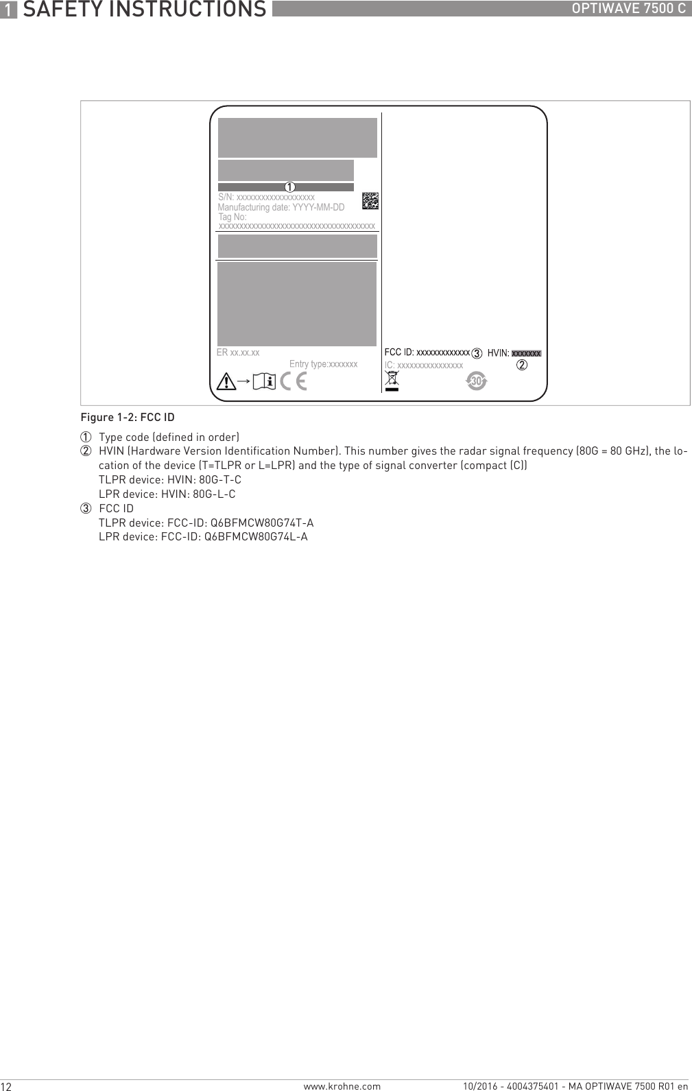 1 SAFETY INSTRUCTIONS 12 OPTIWAVE 7500 Cwww.krohne.com 10/2016 - 4004375401 - MA OPTIWAVE 7500 R01 enFigure 1-2: FCC ID1  Type code (defined in order)2  HVIN (Hardware Version Identification Number). This number gives the radar signal frequency (80G = 80 GHz), the lo-cation of the device (T=TLPR or L=LPR) and the type of signal converter (compact (C))TLPR device: HVIN: 80G-T-CLPR device: HVIN: 80G-L-C3  FCC IDTLPR device: FCC-ID: Q6BFMCW80G74T-ALPR device: FCC-ID: Q6BFMCW80G74L-AS/N: xxxxxxxxxxxxxxxxxxxManufacturing date: YYYY-MM-DDTag No: 