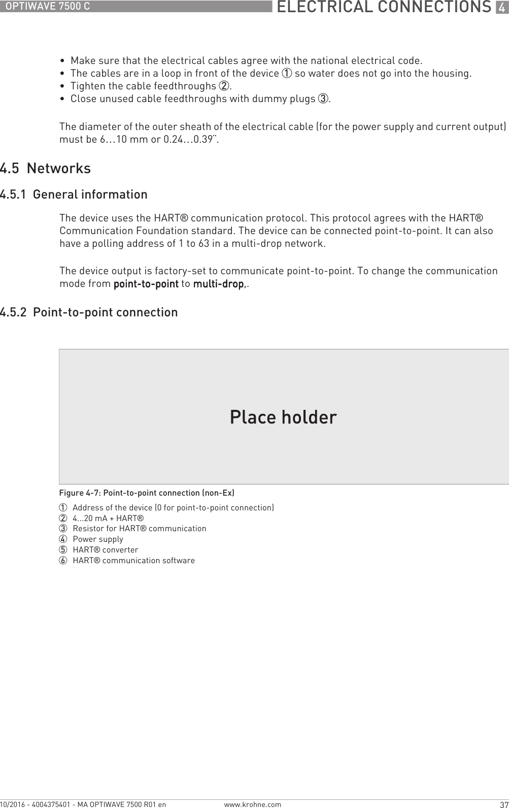  ELECTRICAL CONNECTIONS 437OPTIWAVE 7500 Cwww.krohne.com10/2016 - 4004375401 - MA OPTIWAVE 7500 R01 en•  Make sure that the electrical cables agree with the national electrical code.•  The cables are in a loop in front of the device 1 so water does not go into the housing.•  Tighten the cable feedthroughs 2.•  Close unused cable feedthroughs with dummy plugs 3.The diameter of the outer sheath of the electrical cable (for the power supply and current output) must be 6…10 mm or 0.24…0.39¨.4.5  Networks4.5.1  General informationThe device uses the HART® communication protocol. This protocol agrees with the HART® Communication Foundation standard. The device can be connected point-to-point. It can also have a polling address of 1 to 63 in a multi-drop network.The device output is factory-set to communicate point-to-point. To change the communication mode from point-to-pointpoint-to-pointpoint-to-pointpoint-to-point to multi-dropmulti-dropmulti-dropmulti-drop,.4.5.2  Point-to-point connectionFigure 4-7: Point-to-point connection (non-Ex)1  Address of the device (0 for point-to-point connection)2  4...20 mA + HART®3  Resistor for HART® communication4  Power supply5  HART® converter6  HART® communication software