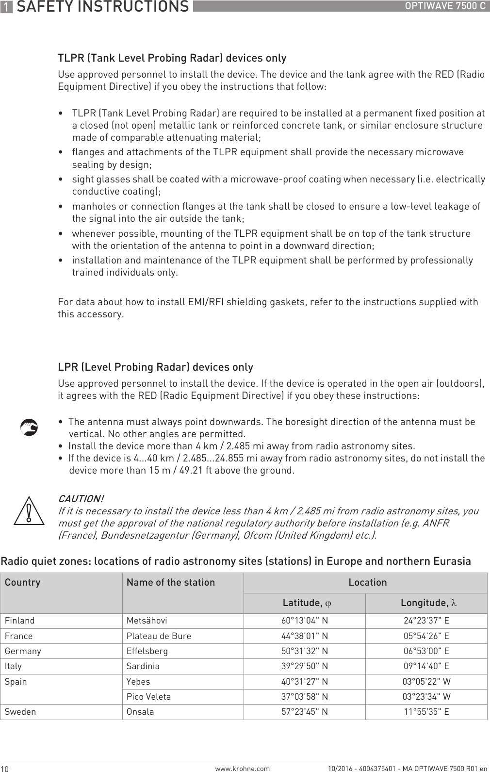 1 SAFETY INSTRUCTIONS 10 OPTIWAVE 7500 Cwww.krohne.com 10/2016 - 4004375401 - MA OPTIWAVE 7500 R01 enTLPR (Tank Level Probing Radar) devices onlyUse approved personnel to install the device. The device and the tank agree with the RED (Radio Equipment Directive) if you obey the instructions that follow:•TLPR (Tank Level Probing Radar) are required to be installed at a permanent fixed position at a closed (not open) metallic tank or reinforced concrete tank, or similar enclosure structure made of comparable attenuating material;•flanges and attachments of the TLPR equipment shall provide the necessary microwave sealing by design;•sight glasses shall be coated with a microwave-proof coating when necessary (i.e. electrically conductive coating);•manholes or connection flanges at the tank shall be closed to ensure a low-level leakage of the signal into the air outside the tank;•whenever possible, mounting of the TLPR equipment shall be on top of the tank structure with the orientation of the antenna to point in a downward direction;•installation and maintenance of the TLPR equipment shall be performed by professionally trained individuals only.For data about how to install EMI/RFI shielding gaskets, refer to the instructions supplied with this accessory.LPR (Level Probing Radar) devices onlyUse approved personnel to install the device. If the device is operated in the open air (outdoors), it agrees with the RED (Radio Equipment Directive) if you obey these instructions:•  The antenna must always point downwards. The boresight direction of the antenna must be vertical. No other angles are permitted.•  Install the device more than 4 km / 2.485 mi away from radio astronomy sites.•  If the device is 4...40 km / 2.485...24.855 mi away from radio astronomy sites, do not install the device more than 15 m / 49.21 ft above the ground.Radio quiet zones: locations of radio astronomy sites (stations) in Europe and northern EurasiaCAUTION!If it is necessary to install the device less than 4 km / 2.485 mi from radio astronomy sites, you must get the approval of the national regulatory authority before installation (e.g. ANFR (France), Bundesnetzagentur (Germany), Ofcom (United Kingdom) etc.).Country Name of the station LocationLatitude, ϕLongitude, λFinland Metsähovi 60°13&apos;04&quot; N 24°23&apos;37&quot; EFrance Plateau de Bure 44°38&apos;01&quot; N 05°54&apos;26&quot; EGermany Effelsberg 50°31&apos;32&quot; N 06°53&apos;00&quot; EItaly Sardinia 39°29&apos;50&quot; N 09°14&apos;40&quot; ESpain Yebes 40°31&apos;27&quot; N 03°05&apos;22&quot; WPico Veleta 37°03&apos;58&quot; N 03°23&apos;34&quot; WSweden Onsala 57°23’45&quot; N 11°55’35&quot; E