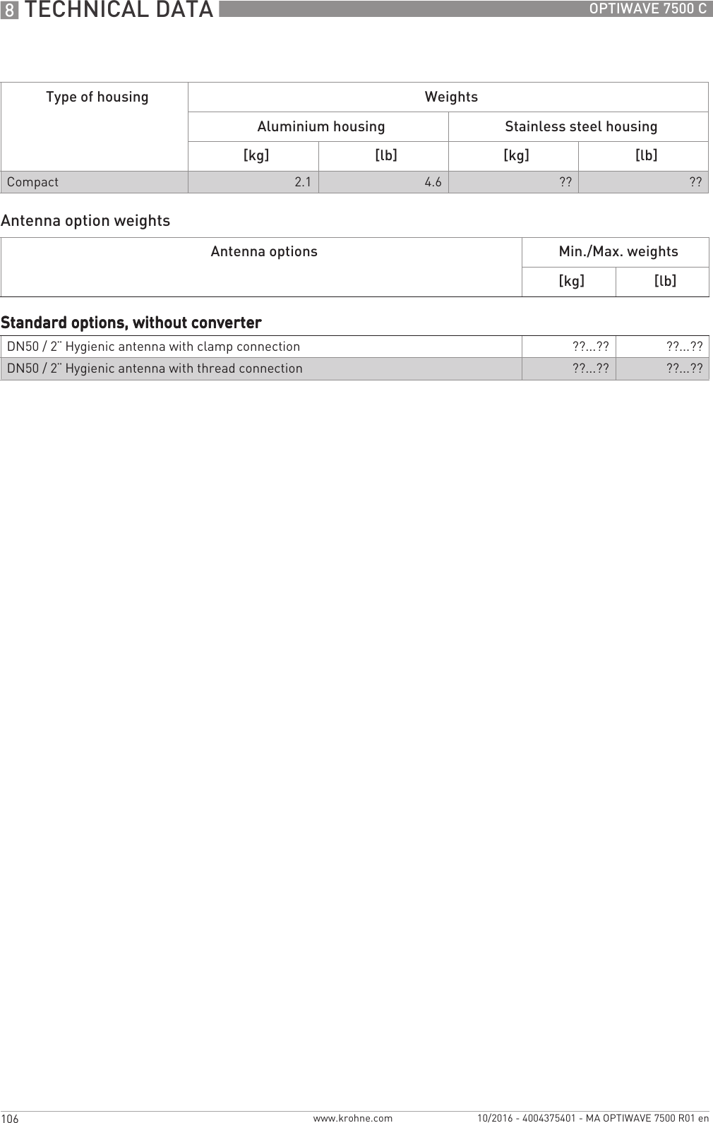 8 TECHNICAL DATA 106 OPTIWAVE 7500 Cwww.krohne.com 10/2016 - 4004375401 - MA OPTIWAVE 7500 R01 enAntenna option weightsType of housing WeightsAluminium housing Stainless steel housing[kg] [lb] [kg] [lb]Compact 2.1 4.6 ?? ??Antenna options Min./Max. weights[kg] [lb]Standard options, without converterStandard options, without converterStandard options, without converterStandard options, without converterDN50 / 2¨ Hygienic antenna with clamp connection ??...?? ??...??DN50 / 2¨ Hygienic antenna with thread connection ??...?? ??...??