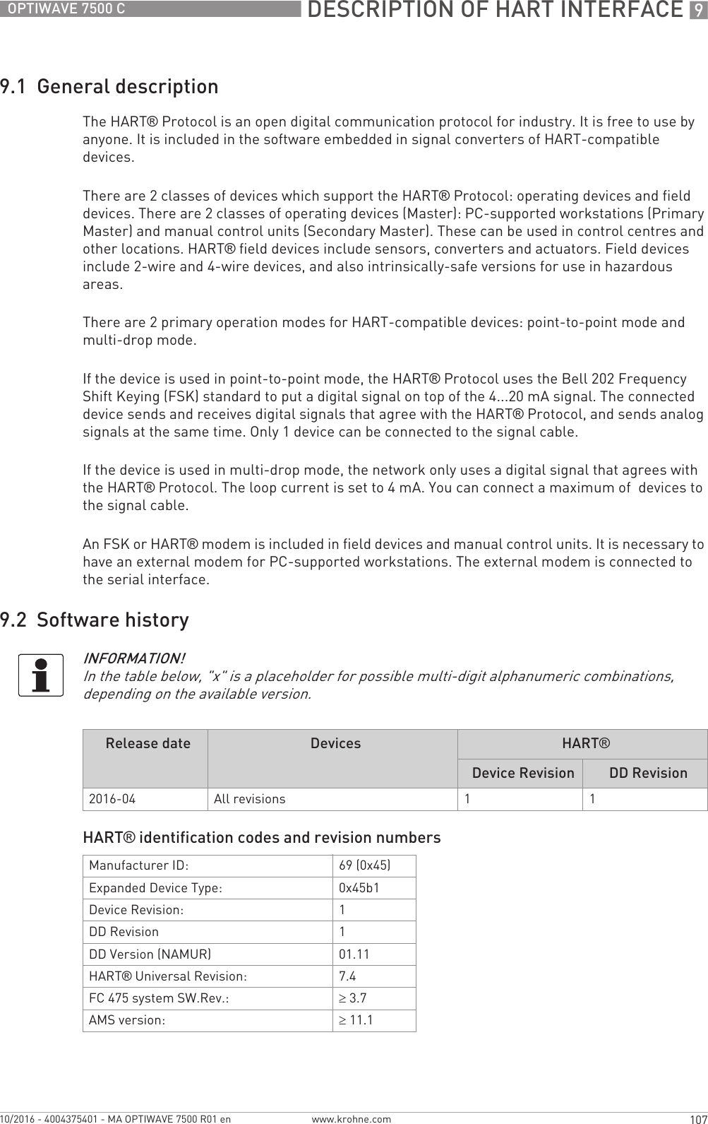  DESCRIPTION OF HART INTERFACE 9107OPTIWAVE 7500 Cwww.krohne.com10/2016 - 4004375401 - MA OPTIWAVE 7500 R01 en9.1  General descriptionThe HART® Protocol is an open digital communication protocol for industry. It is free to use by anyone. It is included in the software embedded in signal converters of HART-compatible devices.There are 2 classes of devices which support the HART® Protocol: operating devices and field devices. There are 2 classes of operating devices (Master): PC-supported workstations (Primary Master) and manual control units (Secondary Master). These can be used in control centres and other locations. HART® field devices include sensors, converters and actuators. Field devices include 2-wire and 4-wire devices, and also intrinsically-safe versions for use in hazardous areas.There are 2 primary operation modes for HART-compatible devices: point-to-point mode and multi-drop mode.If the device is used in point-to-point mode, the HART® Protocol uses the Bell 202 Frequency Shift Keying (FSK) standard to put a digital signal on top of the 4...20 mA signal. The connected device sends and receives digital signals that agree with the HART® Protocol, and sends analog signals at the same time. Only 1 device can be connected to the signal cable.If the device is used in multi-drop mode, the network only uses a digital signal that agrees with the HART® Protocol. The loop current is set to 4 mA. You can connect a maximum of  devices to the signal cable.An FSK or HART® modem is included in field devices and manual control units. It is necessary to have an external modem for PC-supported workstations. The external modem is connected to the serial interface.9.2  Software historyHART® identification codes and revision numbersINFORMATION!In the table below, &quot;x&quot; is a placeholder for possible multi-digit alphanumeric combinations, depending on the available version.Release date Devices HART®Device Revision DD Revision2016-04 All revisions 1 1Manufacturer ID: 69 (0x45)Expanded Device Type: 0x45b1Device Revision: 1DD Revision 1DD Version (NAMUR) 01.11HART® Universal Revision: 7.4FC 475 system SW.Rev.: ≥3.7AMS version: ≥11.1