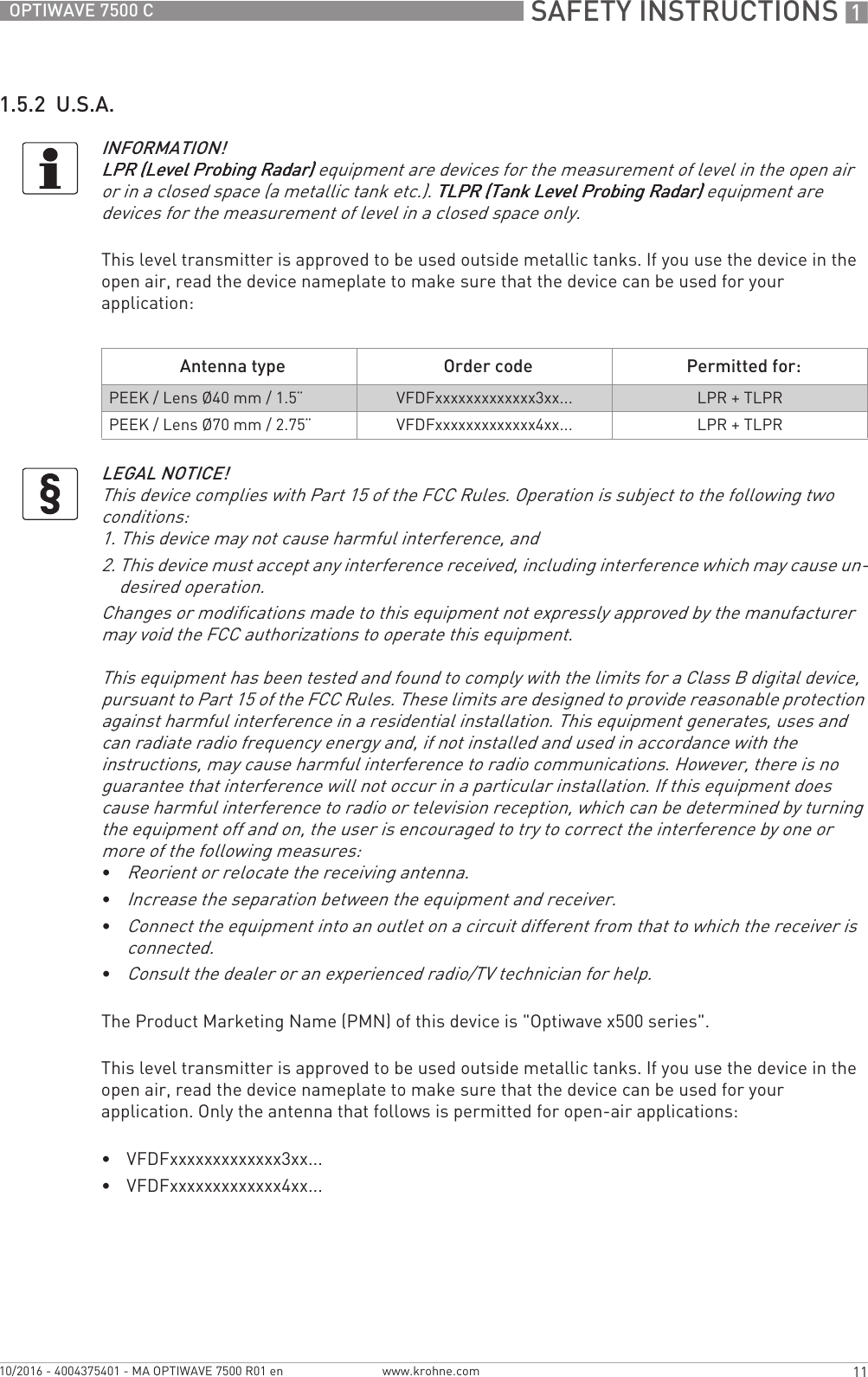  SAFETY INSTRUCTIONS 111OPTIWAVE 7500 Cwww.krohne.com10/2016 - 4004375401 - MA OPTIWAVE 7500 R01 en1.5.2  U.S.A.This level transmitter is approved to be used outside metallic tanks. If you use the device in the open air, read the device nameplate to make sure that the device can be used for your application:The Product Marketing Name (PMN) of this device is &quot;Optiwave x500 series&quot;.This level transmitter is approved to be used outside metallic tanks. If you use the device in the open air, read the device nameplate to make sure that the device can be used for your application. Only the antenna that follows is permitted for open-air applications:•VFDFxxxxxxxxxxxxx3xx...•VFDFxxxxxxxxxxxxx4xx...INFORMATION!LPR (Level Probing Radar)LPR (Level Probing Radar)LPR (Level Probing Radar)LPR (Level Probing Radar) equipment are devices for the measurement of level in the open air or in a closed space (a metallic tank etc.). TLPR (Tank Level Probing Radar)TLPR (Tank Level Probing Radar)TLPR (Tank Level Probing Radar)TLPR (Tank Level Probing Radar) equipment are devices for the measurement of level in a closed space only.Antenna type Order code Permitted for:PEEK / Lens Ø40 mm / 1.5¨VFDFxxxxxxxxxxxxx3xx... LPR + TLPRPEEK / Lens Ø70 mm / 2.75¨VFDFxxxxxxxxxxxxx4xx... LPR + TLPRLEGAL NOTICE!This device complies with Part 15 of the FCC Rules. Operation is subject to the following two conditions:1. This device may not cause harmful interference, and2. This device must accept any interference received, including interference which may cause un-desired operation.Changes or modifications made to this equipment not expressly approved by the manufacturer may void the FCC authorizations to operate this equipment.This equipment has been tested and found to comply with the limits for a Class B digital device, pursuant to Part 15 of the FCC Rules. These limits are designed to provide reasonable protection against harmful interference in a residential installation. This equipment generates, uses and can radiate radio frequency energy and, if not installed and used in accordance with the instructions, may cause harmful interference to radio communications. However, there is no guarantee that interference will not occur in a particular installation. If this equipment does cause harmful interference to radio or television reception, which can be determined by turning the equipment off and on, the user is encouraged to try to correct the interference by one or more of the following measures:•Reorient or relocate the receiving antenna.•Increase the separation between the equipment and receiver.•Connect the equipment into an outlet on a circuit different from that to which the receiver is connected.•Consult the dealer or an experienced radio/TV technician for help.