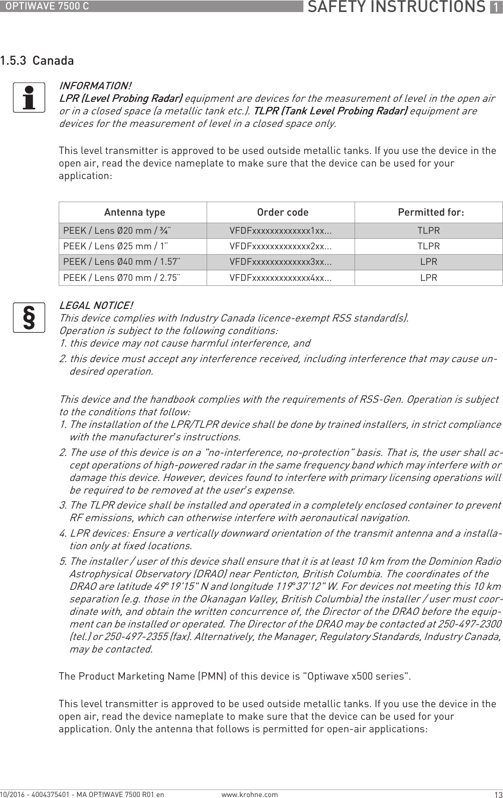  SAFETY INSTRUCTIONS 113OPTIWAVE 7500 Cwww.krohne.com10/2016 - 4004375401 - MA OPTIWAVE 7500 R01 en1.5.3  CanadaThis level transmitter is approved to be used outside metallic tanks. If you use the device in the open air, read the device nameplate to make sure that the device can be used for your application:The Product Marketing Name (PMN) of this device is &quot;Optiwave x500 series&quot;.This level transmitter is approved to be used outside metallic tanks. If you use the device in the open air, read the device nameplate to make sure that the device can be used for your application. Only the antenna that follows is permitted for open-air applications:INFORMATION!LPR (Level Probing Radar)LPR (Level Probing Radar)LPR (Level Probing Radar)LPR (Level Probing Radar) equipment are devices for the measurement of level in the open air or in a closed space (a metallic tank etc.). TLPR (Tank Level Probing Radar)TLPR (Tank Level Probing Radar)TLPR (Tank Level Probing Radar)TLPR (Tank Level Probing Radar) equipment are devices for the measurement of level in a closed space only.Antenna type Order code Permitted for:PEEK / Lens Ø20 mm / ¾¨ VFDFxxxxxxxxxxxxx1xx... TLPRPEEK / Lens Ø25 mm / 1¨VFDFxxxxxxxxxxxxx2xx... TLPRPEEK / Lens Ø40 mm / 1.57¨VFDFxxxxxxxxxxxxx3xx... LPRPEEK / Lens Ø70 mm / 2.75¨VFDFxxxxxxxxxxxxx4xx... LPRLEGAL NOTICE!This device complies with Industry Canada licence-exempt RSS standard(s).Operation is subject to the following conditions:1. this device may not cause harmful interference, and2. this device must accept any interference received, including interference that may cause un-desired operation.This device and the handbook complies with the requirements of RSS-Gen. Operation is subject to the conditions that follow:1. The installation of the LPR/TLPR device shall be done by trained installers, in strict compliance with the manufacturer’s instructions.2. The use of this device is on a &quot;no-interference, no-protection&quot; basis. That is, the user shall ac-cept operations of high-powered radar in the same frequency band which may interfere with or damage this device. However, devices found to interfere with primary licensing operations will be required to be removed at the user’s expense.3. The TLPR device shall be installed and operated in a completely enclosed container to prevent RF emissions, which can otherwise interfere with aeronautical navigation.4. LPR devices: Ensure a vertically downward orientation of the transmit antenna and a installa-tion only at fixed locations.5. The installer / user of this device shall ensure that it is at least 10 km from the Dominion Radio Astrophysical Observatory (DRAO) near Penticton, British Columbia. The coordinates of the DRAO are latitude 49°19&apos;15&quot; N and longitude 119°37&apos;12&quot; W. For devices not meeting this 10 km separation (e.g. those in the Okanagan Valley, British Columbia) the installer / user must coor-dinate with, and obtain the written concurrence of, the Director of the DRAO before the equip-ment can be installed or operated. The Director of the DRAO may be contacted at 250-497-2300 (tel.) or 250-497-2355 (fax). Alternatively, the Manager, Regulatory Standards, Industry Canada, may be contacted.