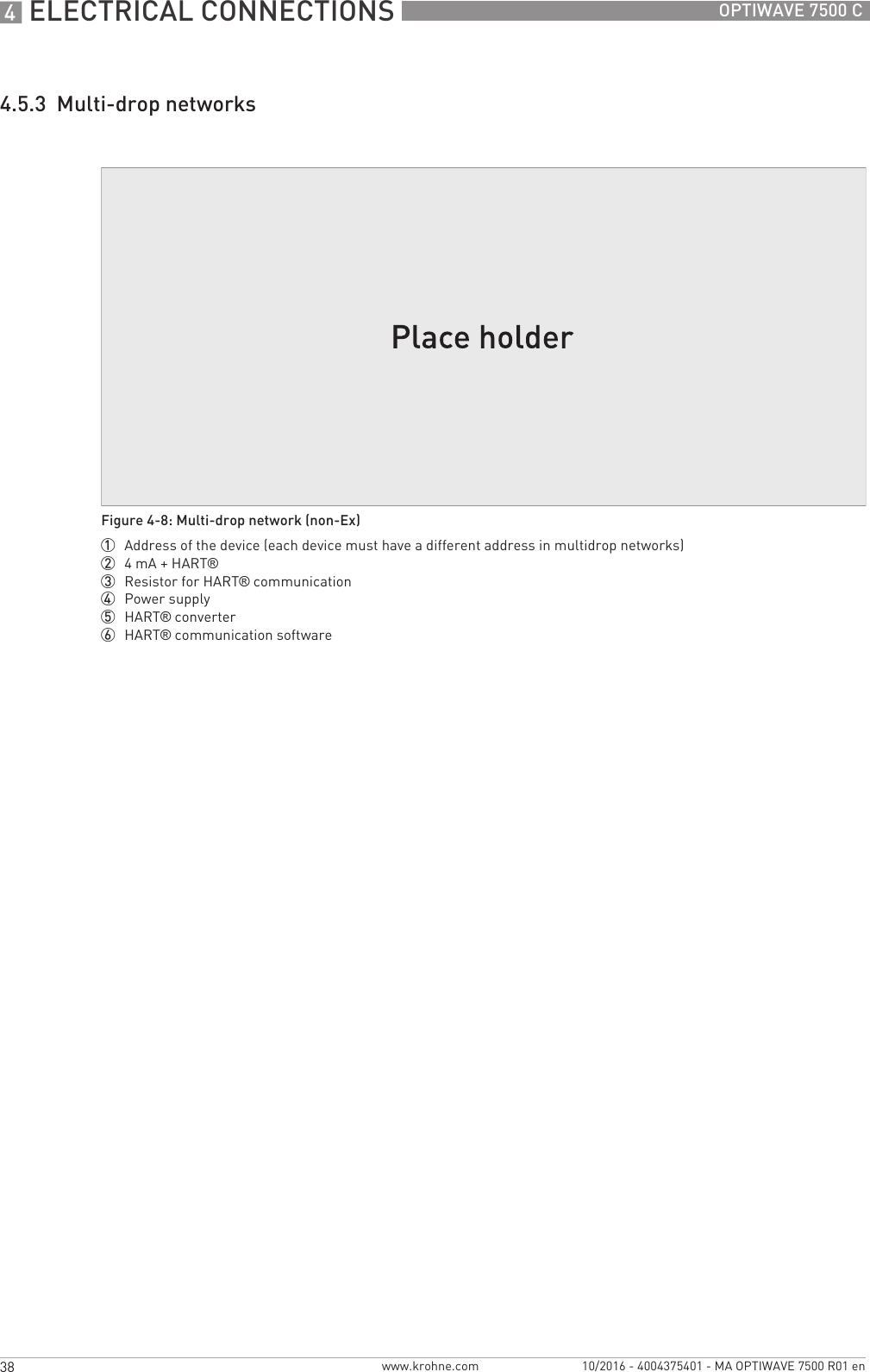 4 ELECTRICAL CONNECTIONS 38 OPTIWAVE 7500 Cwww.krohne.com 10/2016 - 4004375401 - MA OPTIWAVE 7500 R01 en4.5.3  Multi-drop networksFigure 4-8: Multi-drop network (non-Ex)1  Address of the device (each device must have a different address in multidrop networks)2  4mA + HART®3  Resistor for HART® communication4  Power supply5  HART® converter6  HART® communication software