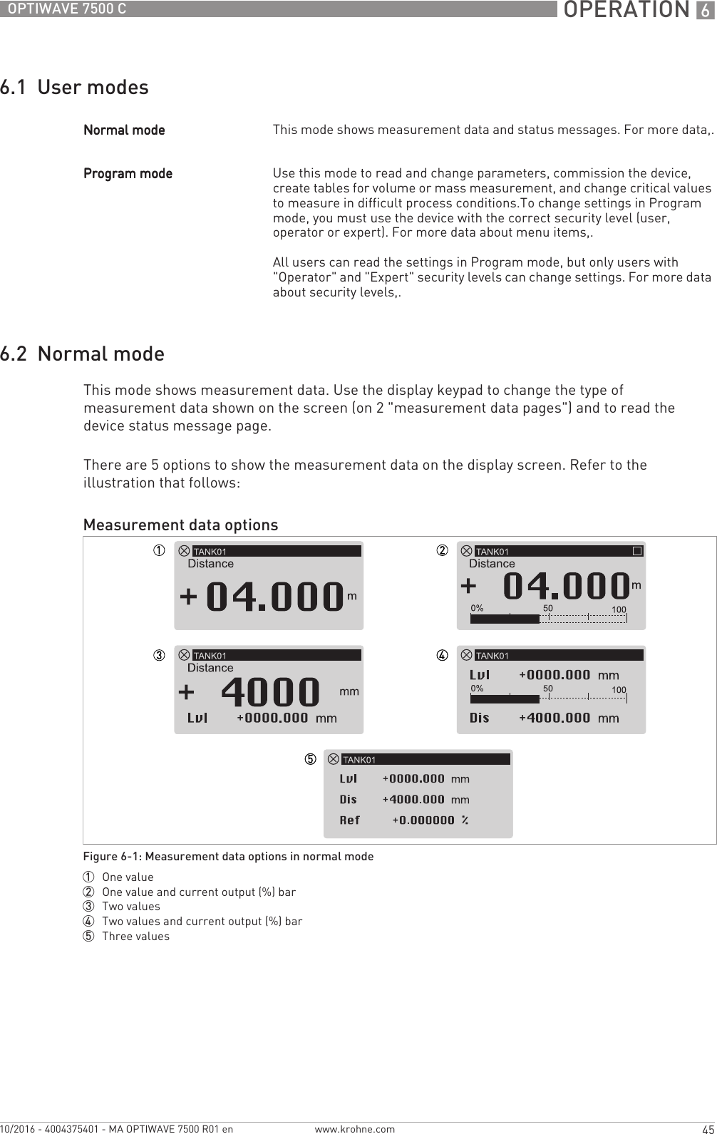  OPERATION 645OPTIWAVE 7500 Cwww.krohne.com10/2016 - 4004375401 - MA OPTIWAVE 7500 R01 en6.1  User modes6.2  Normal modeThis mode shows measurement data. Use the display keypad to change the type of measurement data shown on the screen (on 2 &quot;measurement data pages&quot;) and to read the device status message page.There are 5 options to show the measurement data on the display screen. Refer to the illustration that follows:Normal modeNormal modeNormal modeNormal mode This mode shows measurement data and status messages. For more data,.Program modeProgram modeProgram modeProgram mode Use this mode to read and change parameters, commission the device, create tables for volume or mass measurement, and change critical values to measure in difficult process conditions.To change settings in Program mode, you must use the device with the correct security level (user, operator or expert). For more data about menu items,.All users can read the settings in Program mode, but only users with &quot;Operator&quot; and &quot;Expert&quot; security levels can change settings. For more data about security levels,.Measurement data optionsFigure 6-1: Measurement data options in normal mode1  One value2  One value and current output (%) bar3  Two values4  Two values and current output (%) bar5  Three values