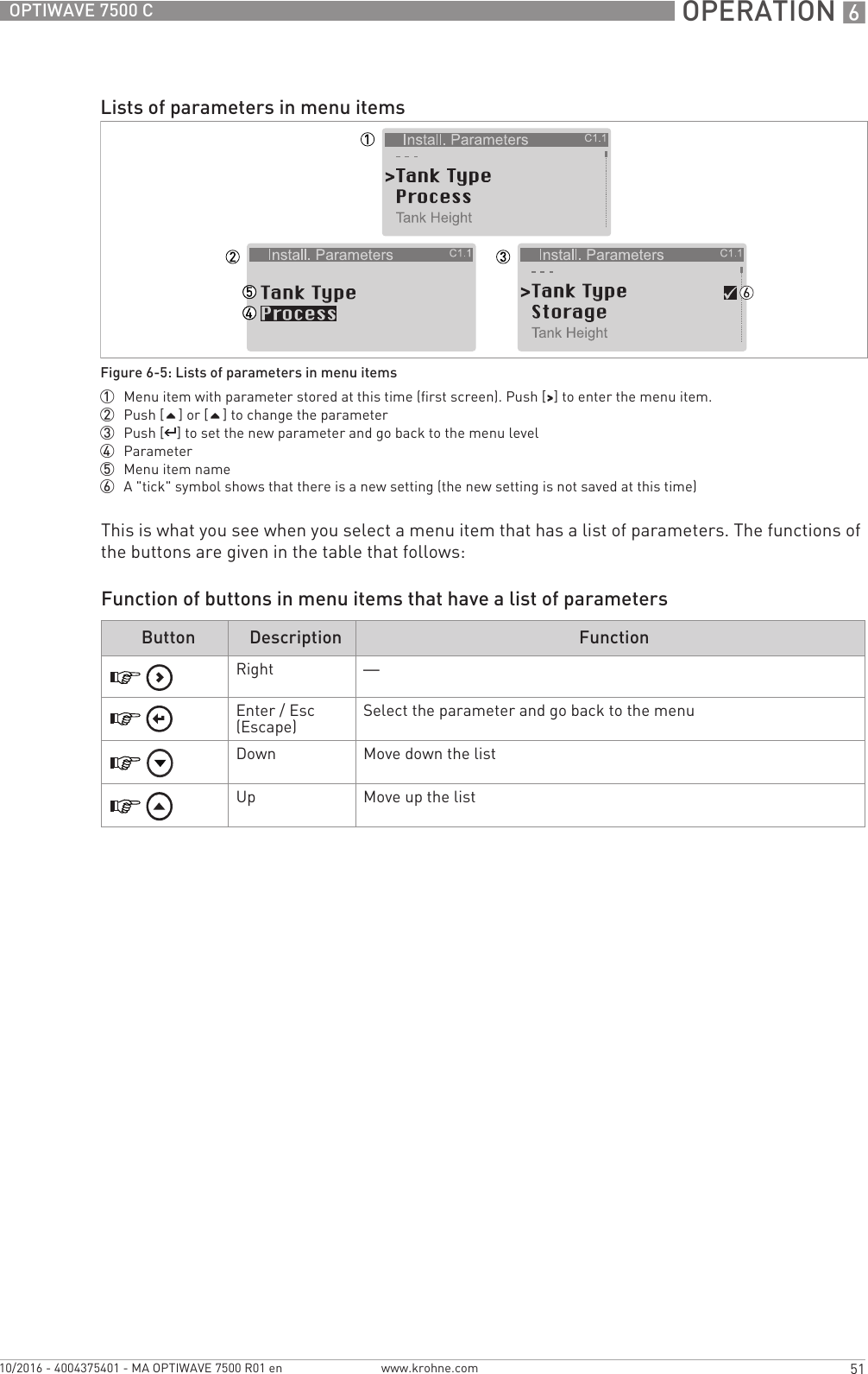  OPERATION 651OPTIWAVE 7500 Cwww.krohne.com10/2016 - 4004375401 - MA OPTIWAVE 7500 R01 enThis is what you see when you select a menu item that has a list of parameters. The functions of the buttons are given in the table that follows:Function of buttons in menu items that have a list of parametersLists of parameters in menu itemsFigure 6-5: Lists of parameters in menu items1  Menu item with parameter stored at this time (first screen). Push [&gt;&gt;&gt;&gt;] to enter the menu item.2  Push [] or [] to change the parameter3  Push [^^^^] to set the new parameter and go back to the menu level4  Parameter5  Menu item name6  A &quot;tick&quot; symbol shows that there is a new setting (the new setting is not saved at this time)Button Description FunctionRight —Enter / Esc (Escape) Select the parameter and go back to the menuDown Move down the listUp Move up the list