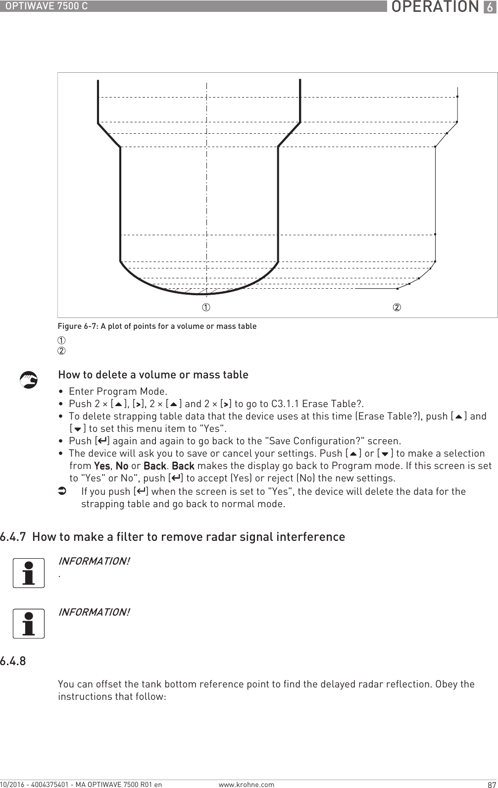  OPERATION 687OPTIWAVE 7500 Cwww.krohne.com10/2016 - 4004375401 - MA OPTIWAVE 7500 R01 enHow to delete a volume or mass table•  Enter Program Mode.•  Push 2 × [], [&gt;&gt;&gt;&gt;], 2 × [] and 2 × [&gt;&gt;&gt;&gt;] to go to C3.1.1 Erase Table?.•  To delete strapping table data that the device uses at this time (Erase Table?), push [] and [] to set this menu item to &quot;Yes&quot;.•  Push [^^^^] again and again to go back to the &quot;Save Configuration?&quot; screen.•  The device will ask you to save or cancel your settings. Push [] or [] to make a selection from YesYesYesYes, NoNoNoNo or BackBackBackBack. BackBackBackBack makes the display go back to Program mode. If this screen is set to &quot;Yes&quot; or No&quot;, push [^^^^] to accept (Yes) or reject (No) the new settings.iIf you push [^^^^] when the screen is set to &quot;Yes&quot;, the device will delete the data for the strapping table and go back to normal mode.6.4.7  How to make a filter to remove radar signal interference6.4.8  You can offset the tank bottom reference point to find the delayed radar reflection. Obey the instructions that follow:Figure 6-7: A plot of points for a volume or mass table1  2  INFORMATION!.INFORMATION!