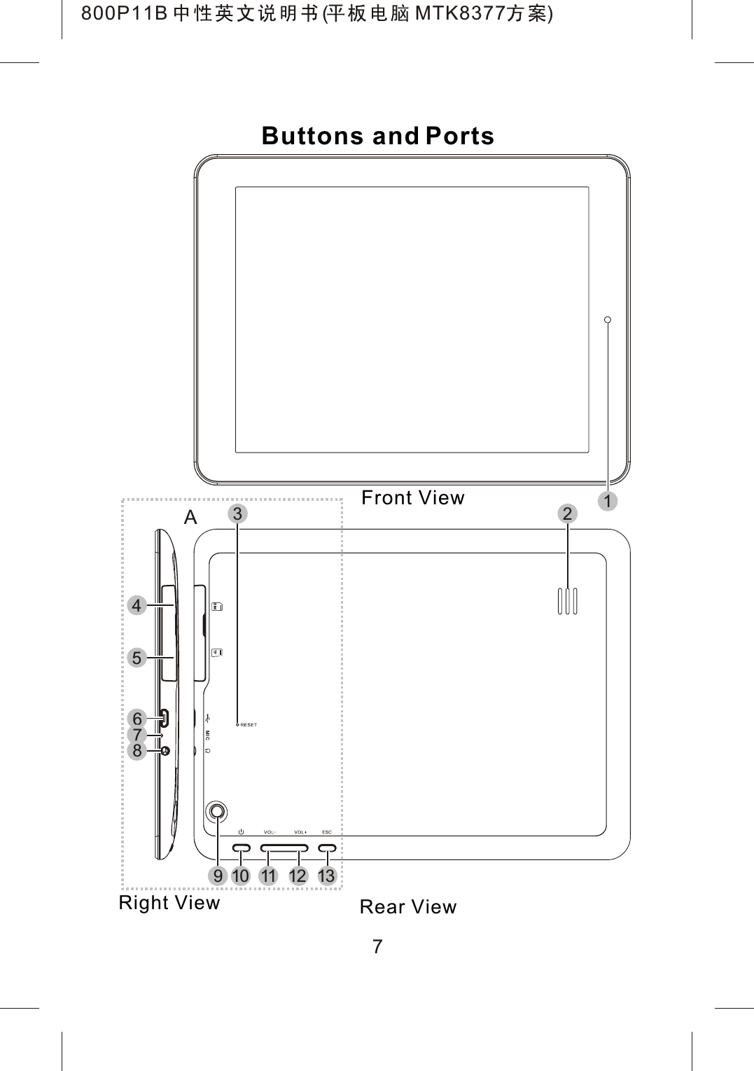 7MICTFSIM12345678910 11 12 13AButtons and PortsFront ViewRear ViewRight View800P11B ( MTK8377 )