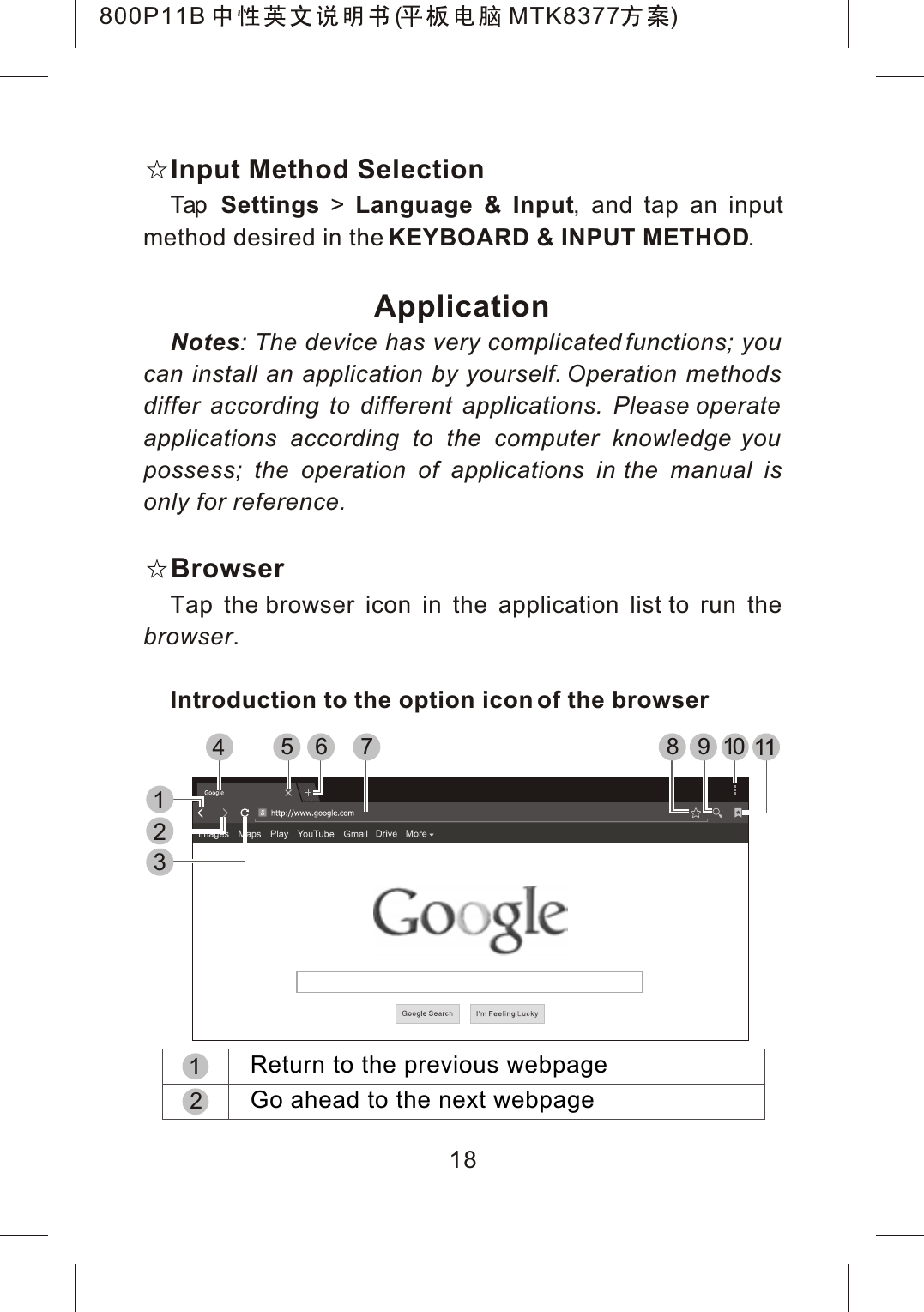 Input Method SelectionTap Settings >Language &amp; Input, and tap an input method desired in the KEYBOARD &amp; INPUT METHOD.ApplicationNotes: The device has very complicated functions; you can install an application by yourself. Operation methods differ according to different applications. Please operate applications according to the computer knowledge you possess; the operation of applications in the manual is only for reference.BrowserTap the browser icon in the application list to run the browser.Introduction to the option icon of the browser184567 11109812321Return to the previous webpageGo ahead to the next webpage800P11B ( MTK8377 )
