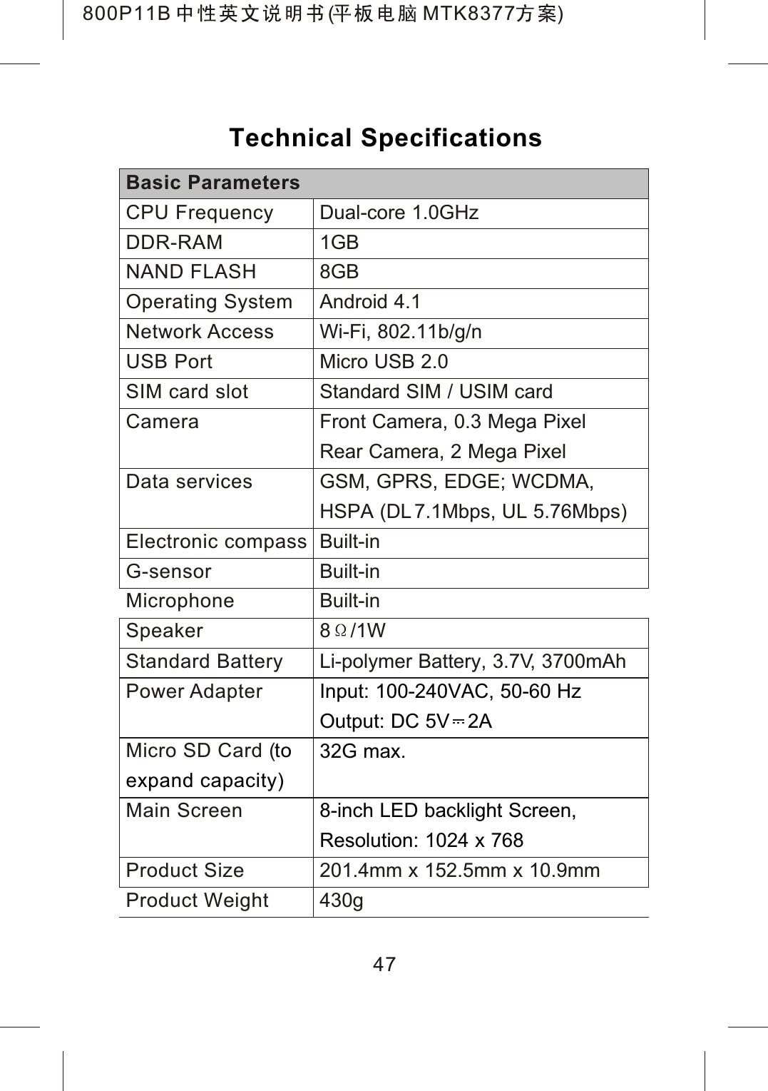 47Dual-core 1.0GHz 1GB8GBAndroid 4.1Wi-Fi, 802.11b/g/nMicro USB 2.0Standard SIM / USIM cardFront Camera, 0.3 Mega PixelRear Camera, 2 Mega PixelGSM, GPRS, EDGE; WCDMA, HSPA (DL 7.1Mbps, UL 5.76Mbps)Built-inBuilt-inBuilt-in8 /1WBasic ParametersCPU FrequencyDDR-RAMNAND FLASHOperating SystemNetwork AccessUSB PortSIM card slotCameraData servicesElectronic compassG-sensorMicrophoneSpeakerTechnical SpecificationsLi-polymer Battery, 3.7V, 3700mAh201.4mm x 152.5mm x 10.9mm430gInput: 100-240VAC, 50-60 HzOutput: DC 5V   2A32G max.8-inch LED backlight Screen, Resolution: 1024 x 768Standard BatteryPower AdapterMicro SD Card (Main Screentoexpand capacity)Product SizeProduct Weight800P11B ( MTK8377 )