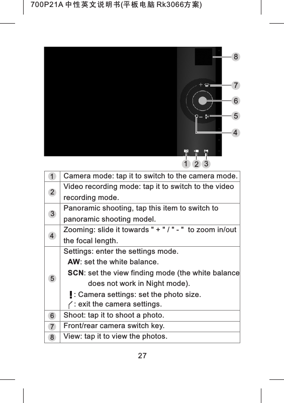 78     : exit the camera settings.Shoot: tap it to shoot a photo.Front/rear camera switch key.View: tap it to view the photos.627678541234321Camera mode: tap it to switch to the camera mode.Video recording mode: tap it to switch to the video recording mode.Panoramic shooting, tap this item to switch to panoramic shooting model.Zooming: slide it towards " + " / " - "  to zoom in/out the focal length.Settings: enter the settings mode.  AW: set the white balance.  SCN: set the view finding mode (the white balance             does not work in Night mode).     : Camera settings: set the photo size.5700P21A 中性英文说明书(平板电脑 Rk3066方案) 