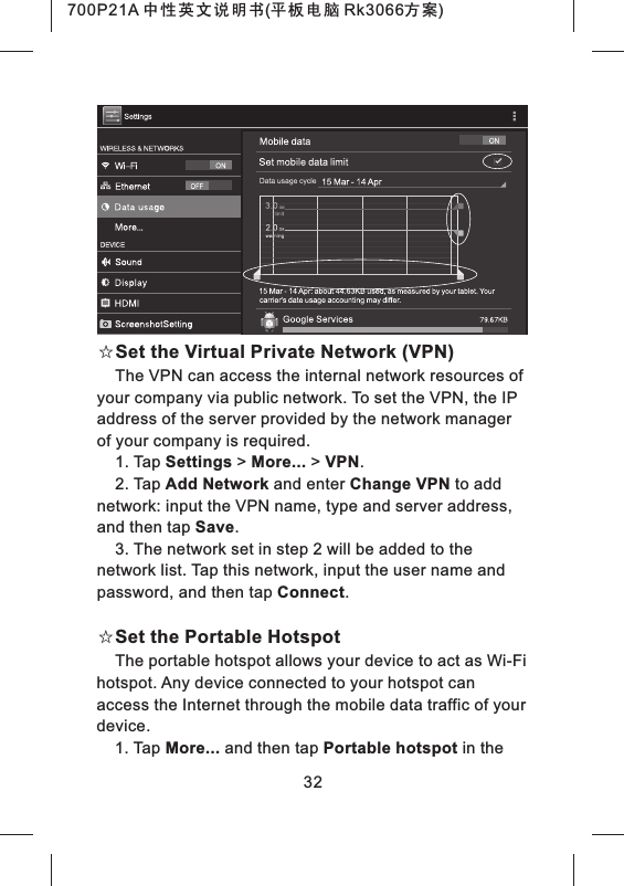 32☆Set the Virtual Private Network (VPN)The VPN can access the internal network resources of your company via public network. To set the VPN, the IP address of the server provided by the network manager of your company is required.1. Tap Settings > More... > VPN.2. Tap Add Network and enter Change VPN to add network: input the VPN name, type and server address, and then tap Save.3. The network set in step 2 will be added to the network list. Tap this network, input the user name and password, and then tap Connect.☆Set the Portable HotspotThe portable hotspot allows your device to act as Wi-Fi hotspot. Any device connected to your hotspot can access the Internet through the mobile data traffic of your device.1. Tap More... and then tap Portable hotspot in the 700P21A 中性英文说明书(平板电脑 Rk3066方案)
