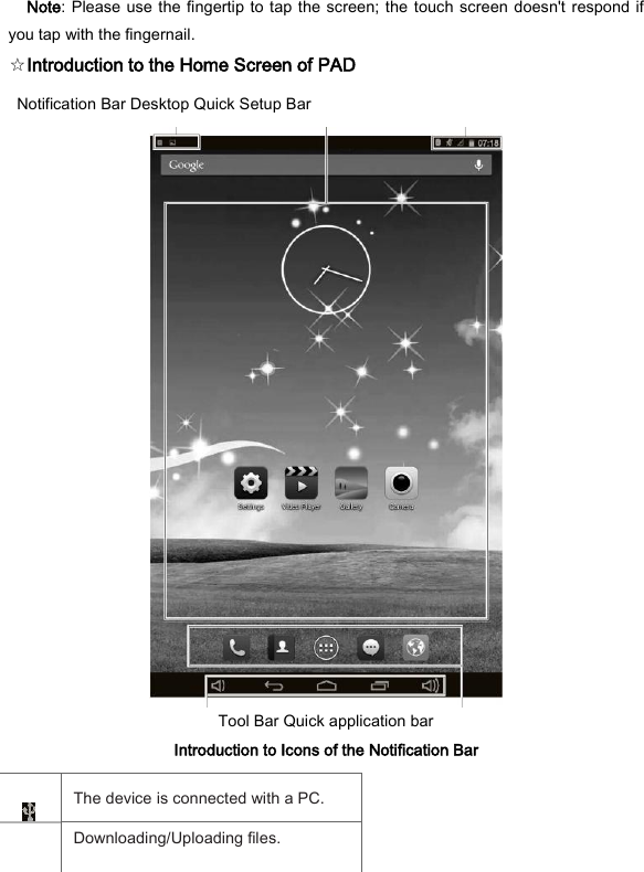 Note:  Please use the fingertip to tap the screen; the  touch screen doesn't respond if you tap with the fingernail.   ☆Introduction to the Home Screen of PAD   Notification Bar Desktop Quick Setup Bar    Tool Bar Quick application bar   Introduction to Icons of the Notification Bar    The device is connected with a PC.    Downloading/Uploading files.   