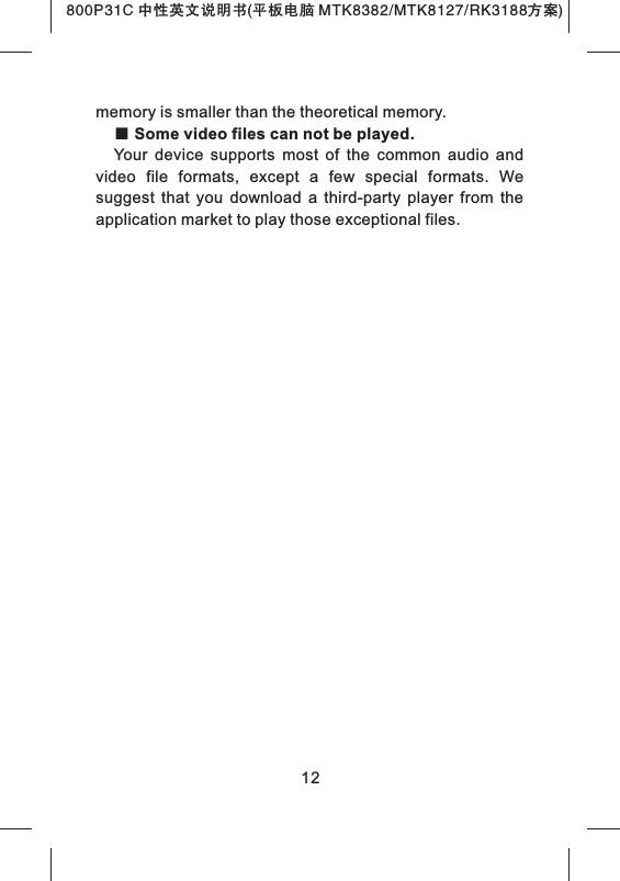 800P31C 中性英文说明书(平板电脑 MTK8382/MTK8127/RK3188 )方案memory is smaller than the theoretical memory.■ Some video files can not be played.Your  device  supports  most  of  the  common  audio  and video  file  formats,  except  a  few  special  formats.  We suggest  that  you  download  a  third-party  player  from  the application market to play those exceptional files.12